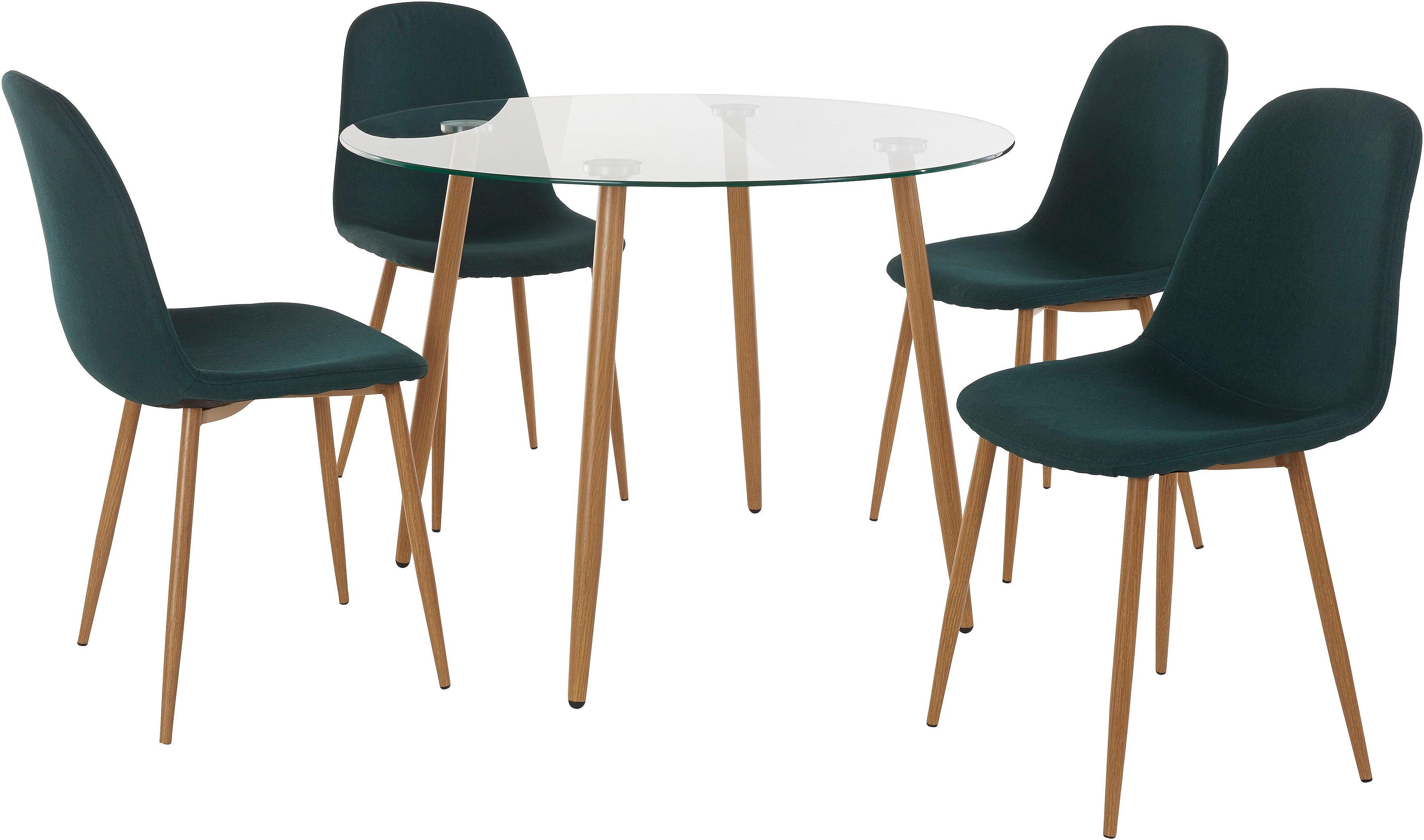 Eethoek, ronde glazen tafel met 4 stoelen (weefstof) in de online shop