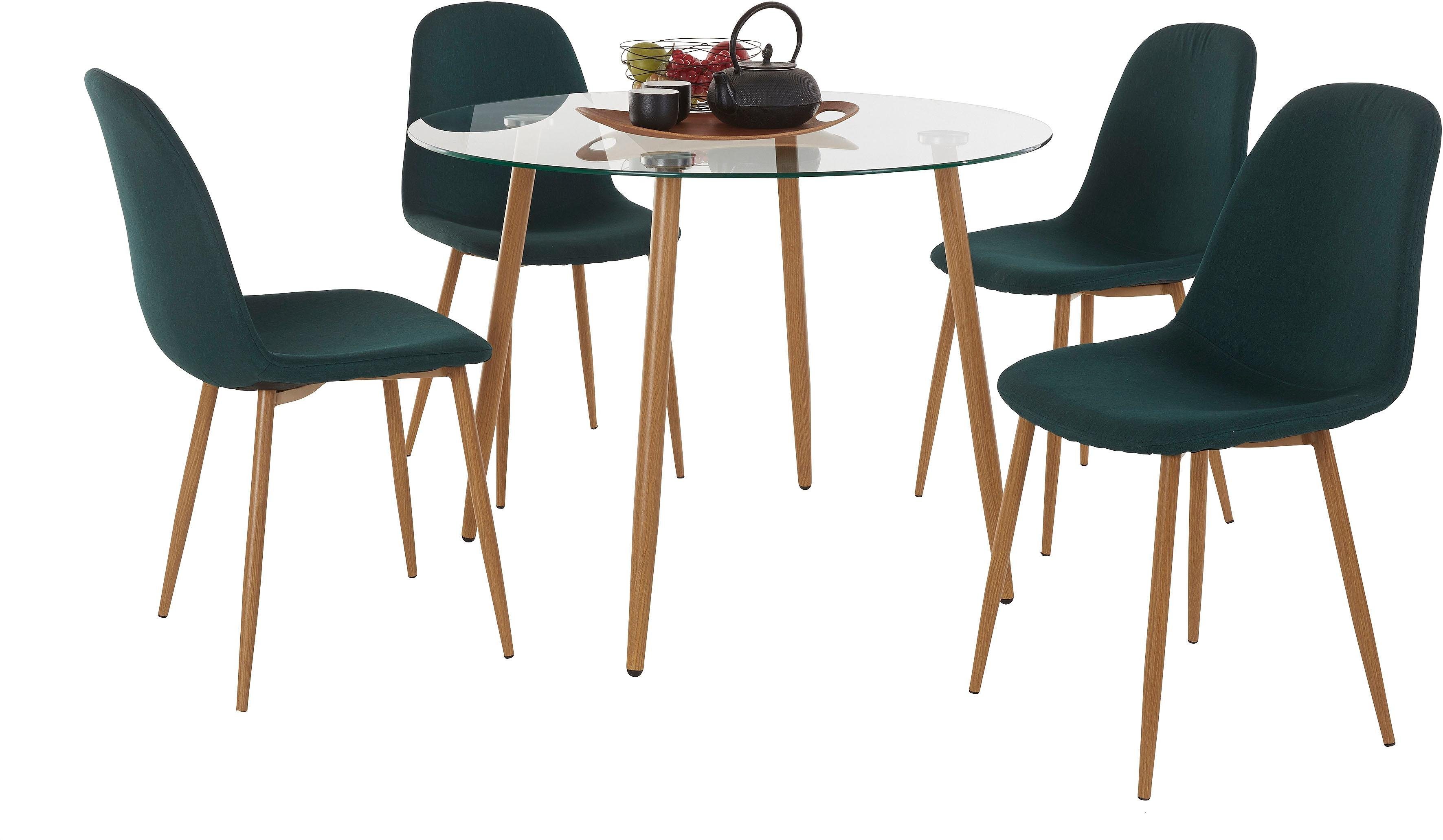 INOSIGN Eethoek MILLER Glazen tafel met 4 stoelen (weefstof) (set, 5-delig)