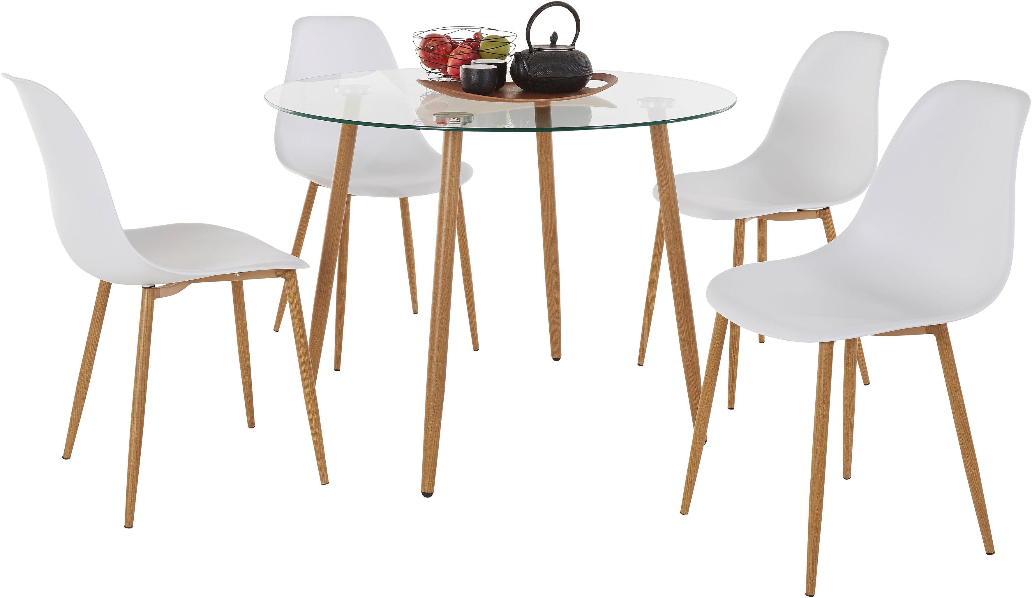 INOSIGN Eethoek MILLER Glazen tafel met 4 stoelen (kunststof kuipzitting) (set, 5-delig)