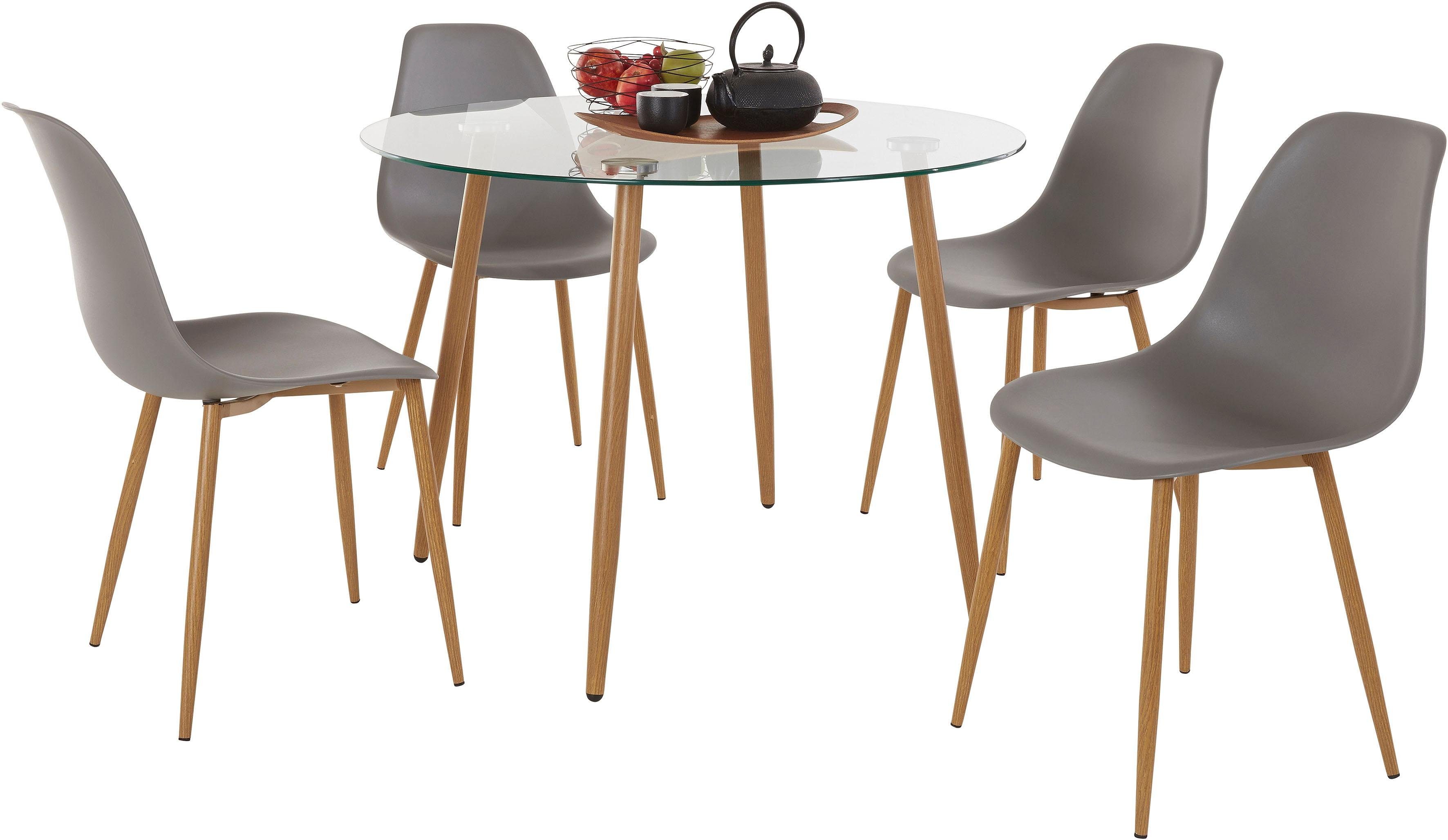 INOSIGN Eethoek MILLER Glazen tafel met 4 stoelen (kunststof kuipzitting) (set, 5-delig)