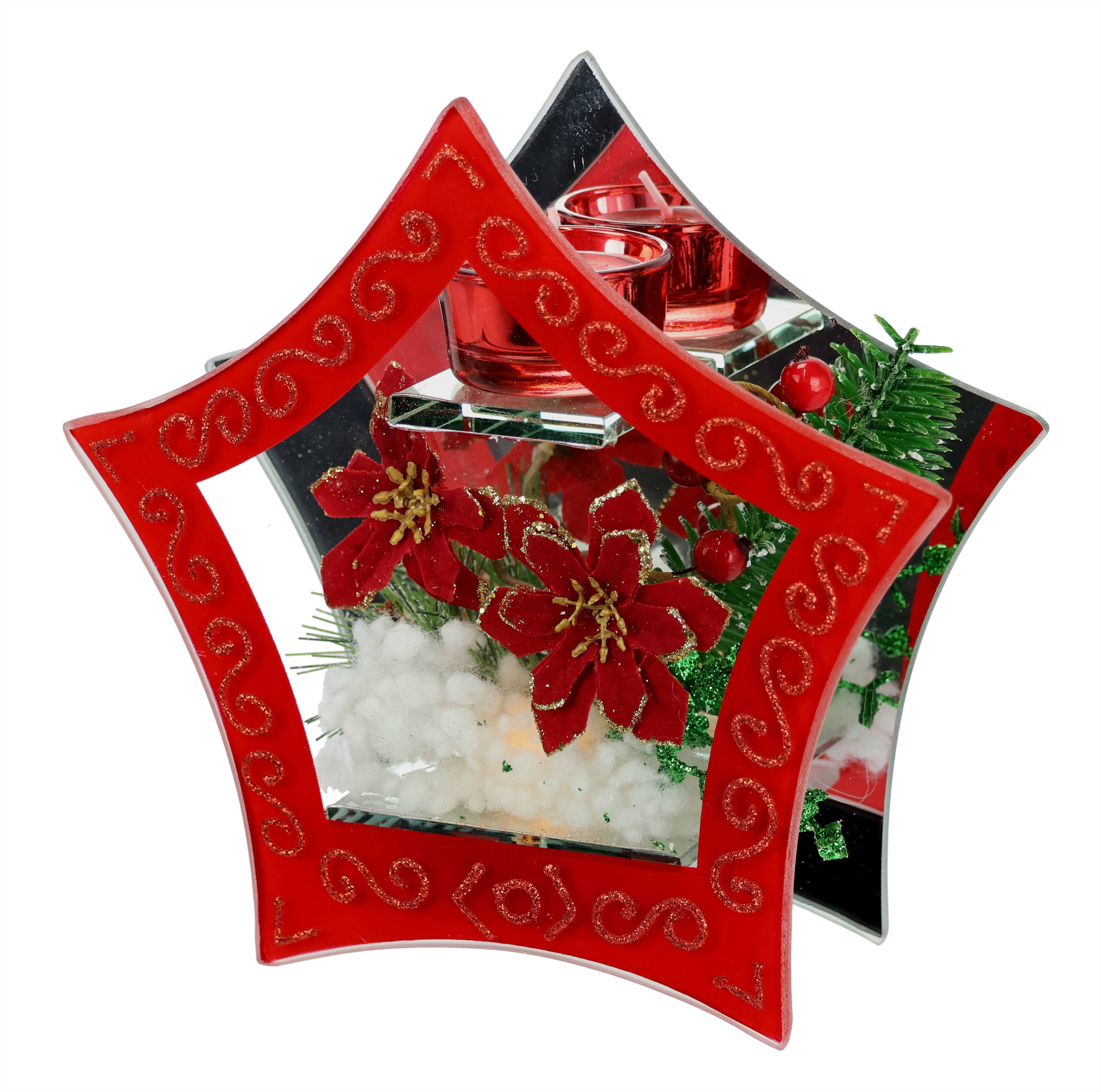 I.GE.A. Waxinelichthouder Decoratieobject met LED-licht en theelichtkaars Met kerstster bessen dennen kunstsneeuw kerstdecoratie decoratief object (1 stuk)