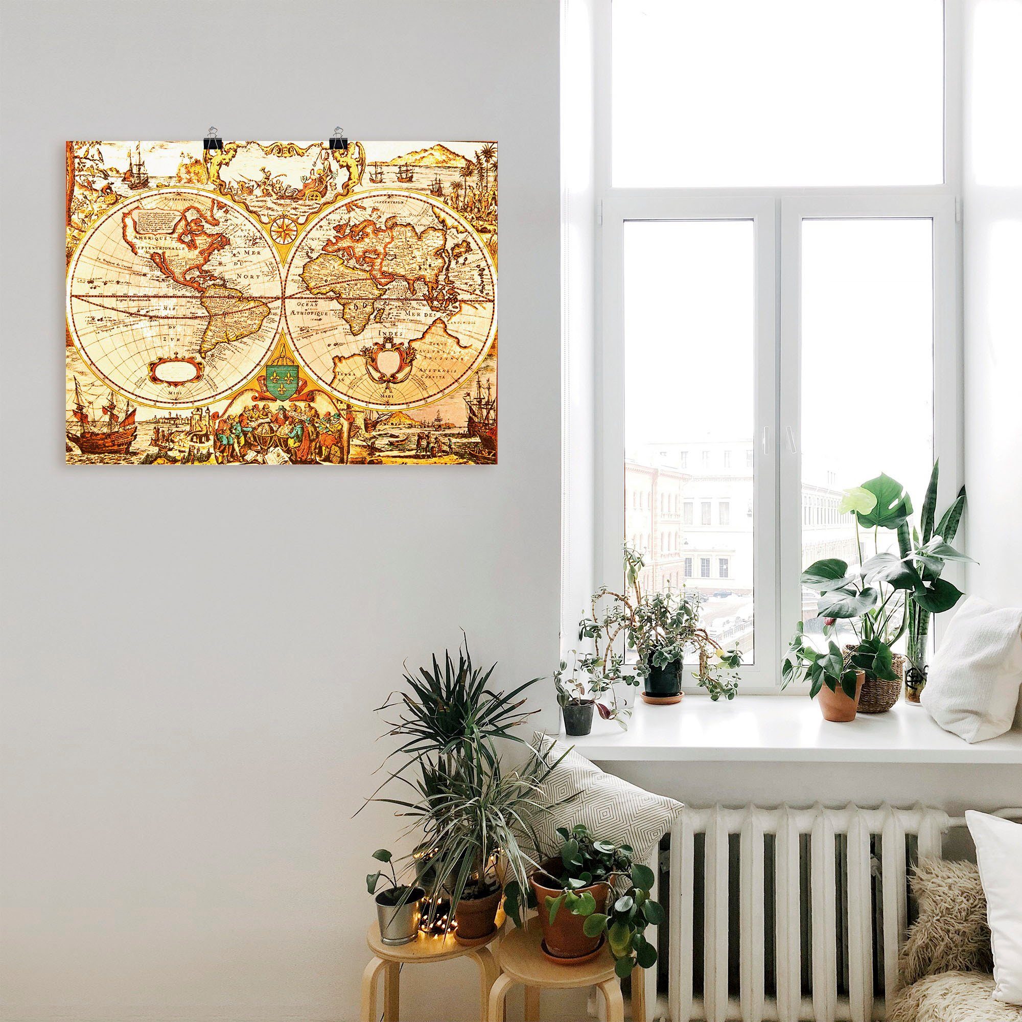 Artland Artprint Antieke wereldkaart als artprint van aluminium, artprint voor buiten, artprint op linnen, poster, muursticker