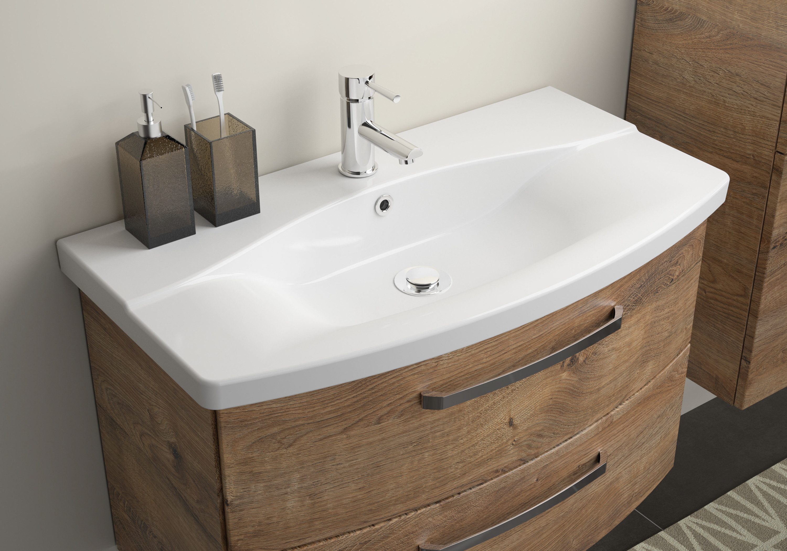 Saphir Badmeubelset Serie 4010 2-delig keramische wastafel met LED-spiegelkast Badkamer set 84 cm breed, incl. deurdemper, 3 deuren, 2 lades (set)