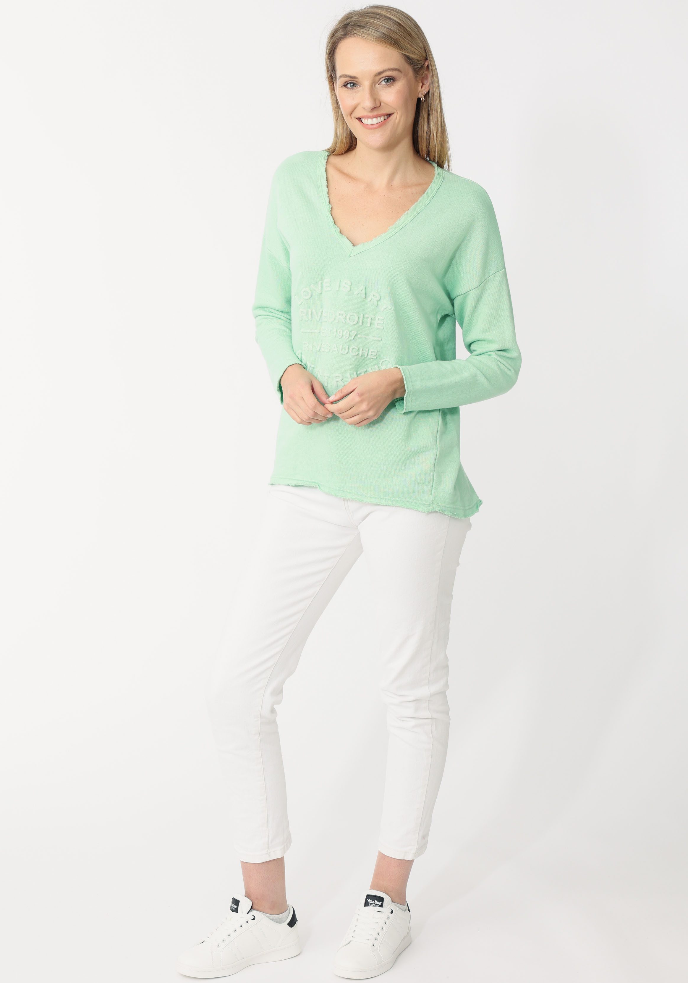 Zwillingsherz Sweatshirt met rafelige v-halslijn in vintage-look
