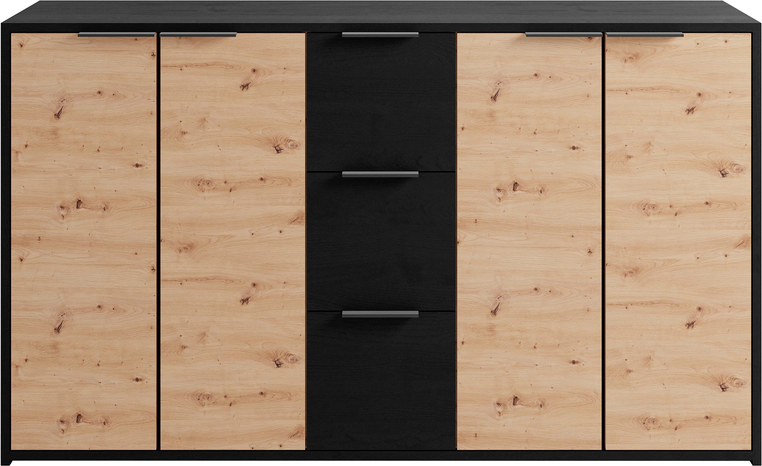 byLIVING Dressoir Rimini Melamine eiken zwart en artisan eiken, 3 lades, 4 deuren