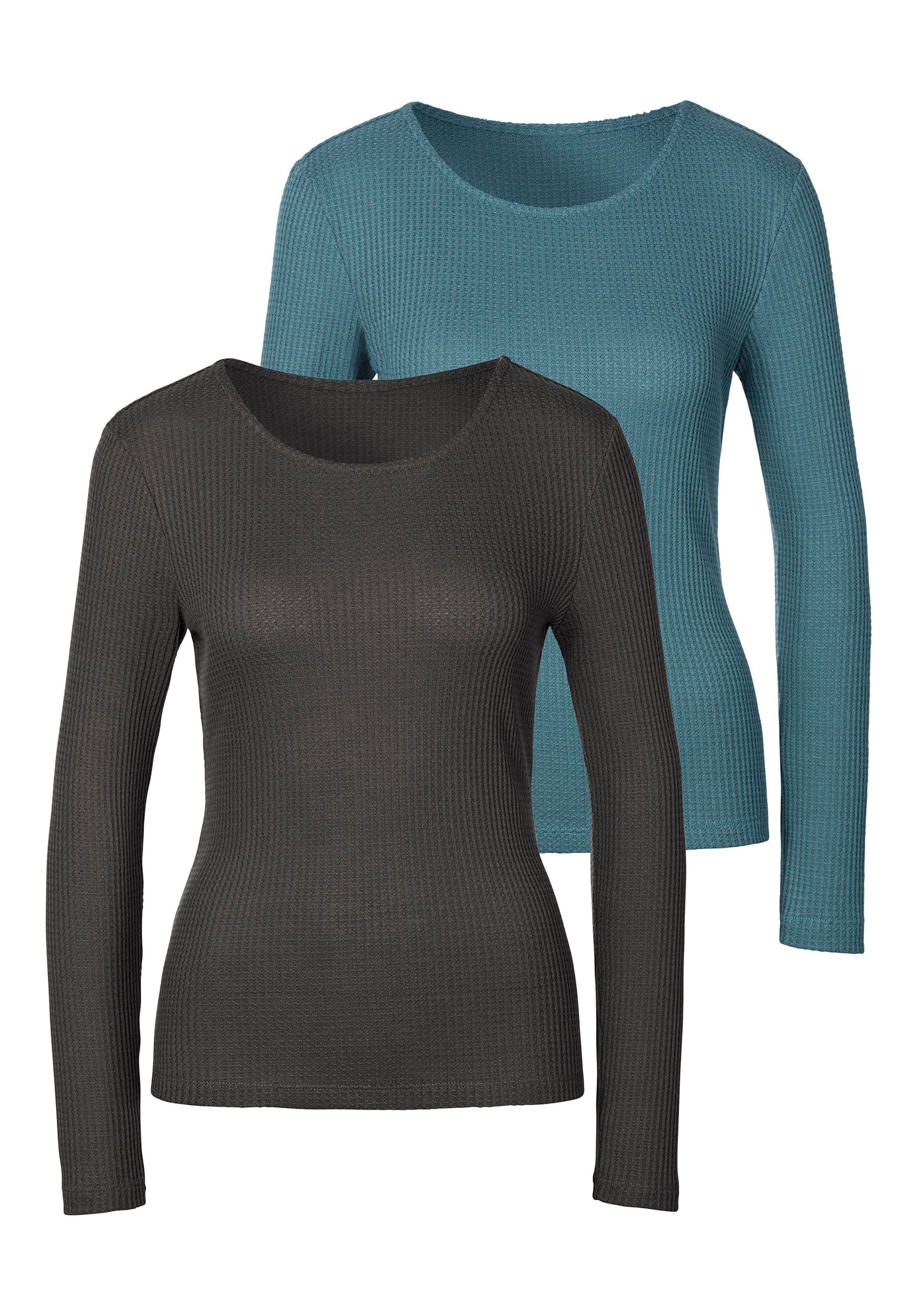 Lascana Shirt met lange mouwen In modieuze piqué-optiek van onderhoudsvriendelijke kwaliteit met viscose (Set van 2)