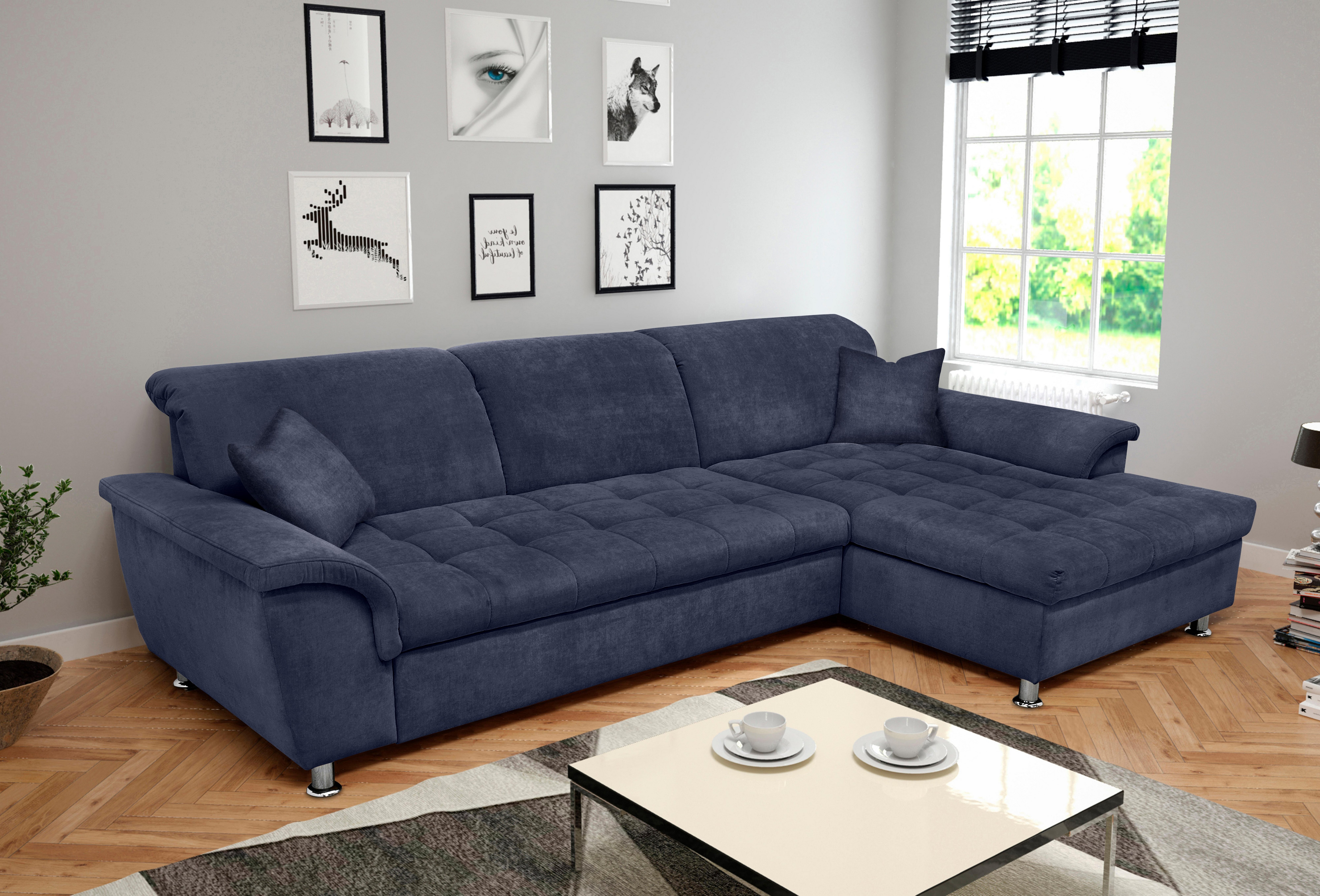 DOMO collection Hoekbank Franzi stiksels op de zitting B7T/H: 278x162x80 cm, L-model naar keuze met slaapfunctie, bedkist en verstelbare hoofdsteun