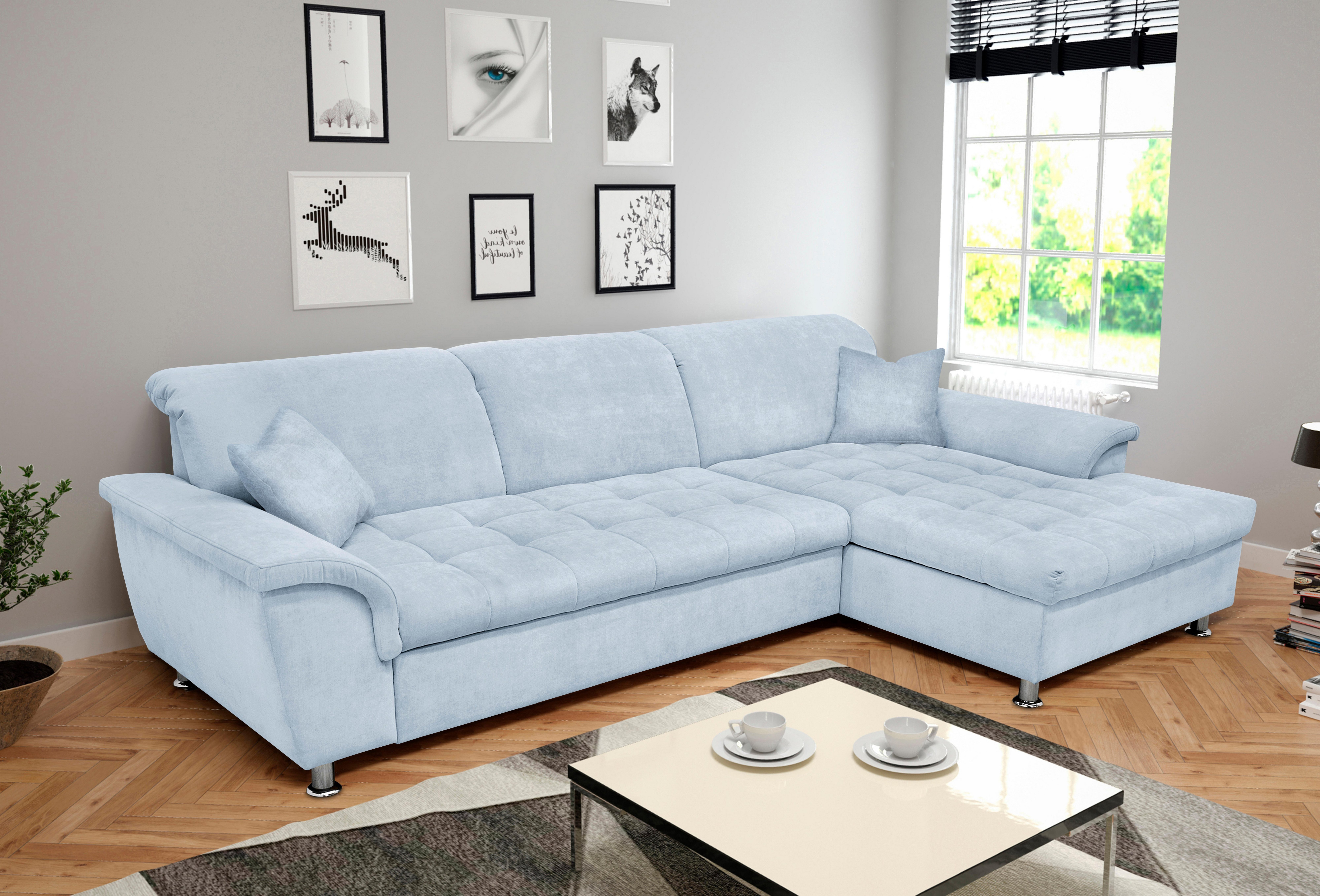 DOMO collection Hoekbank Franzi stiksels op de zitting B7T/H: 278x162x80 cm, L-model naar keuze met slaapfunctie, bedkist en verstelbare hoofdsteun