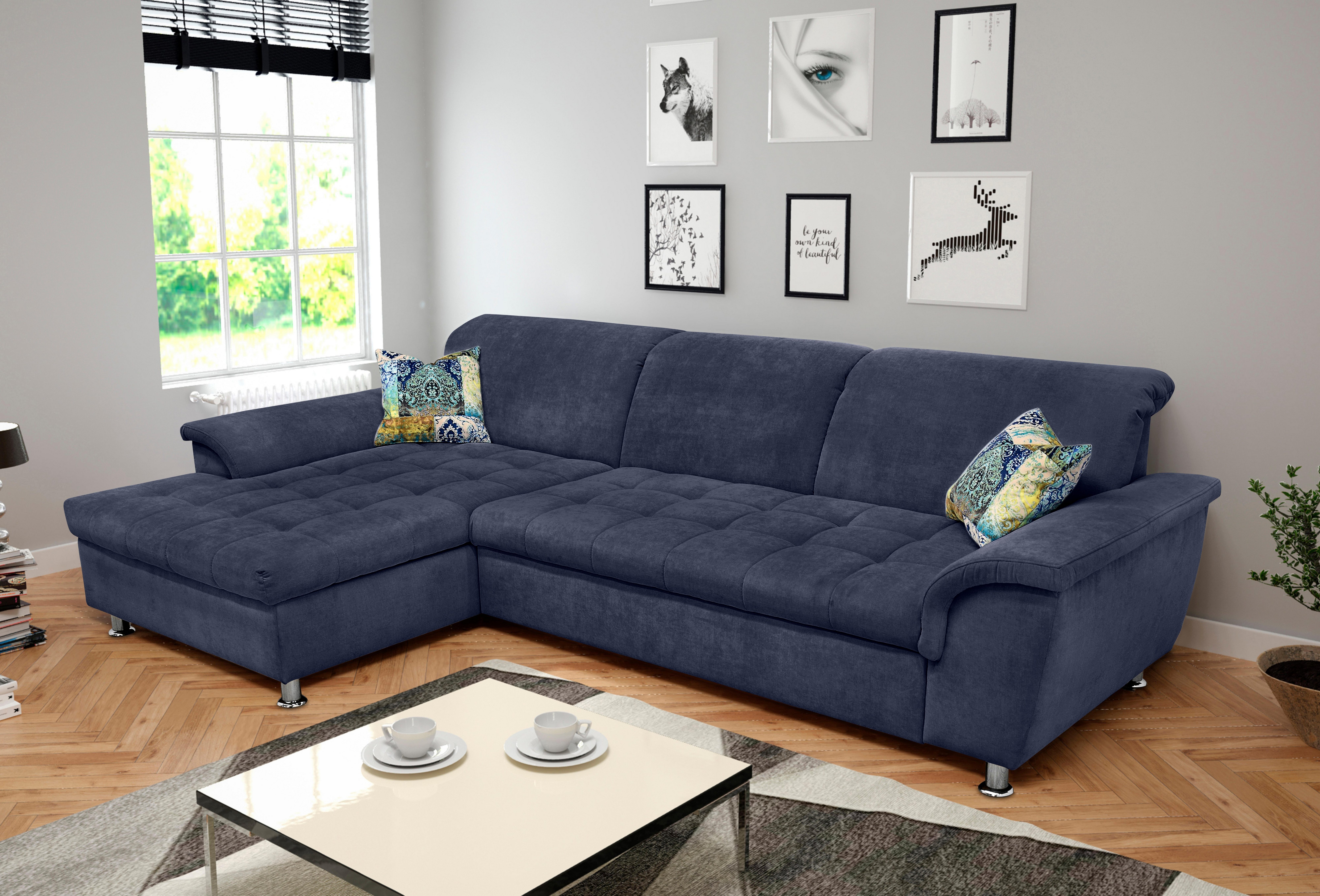 DOMO collection Hoekbank Franzi stiksels op de zitting B7T/H: 278x162x80 cm, L-model naar keuze met slaapfunctie, bedkist en verstelbare hoofdsteun