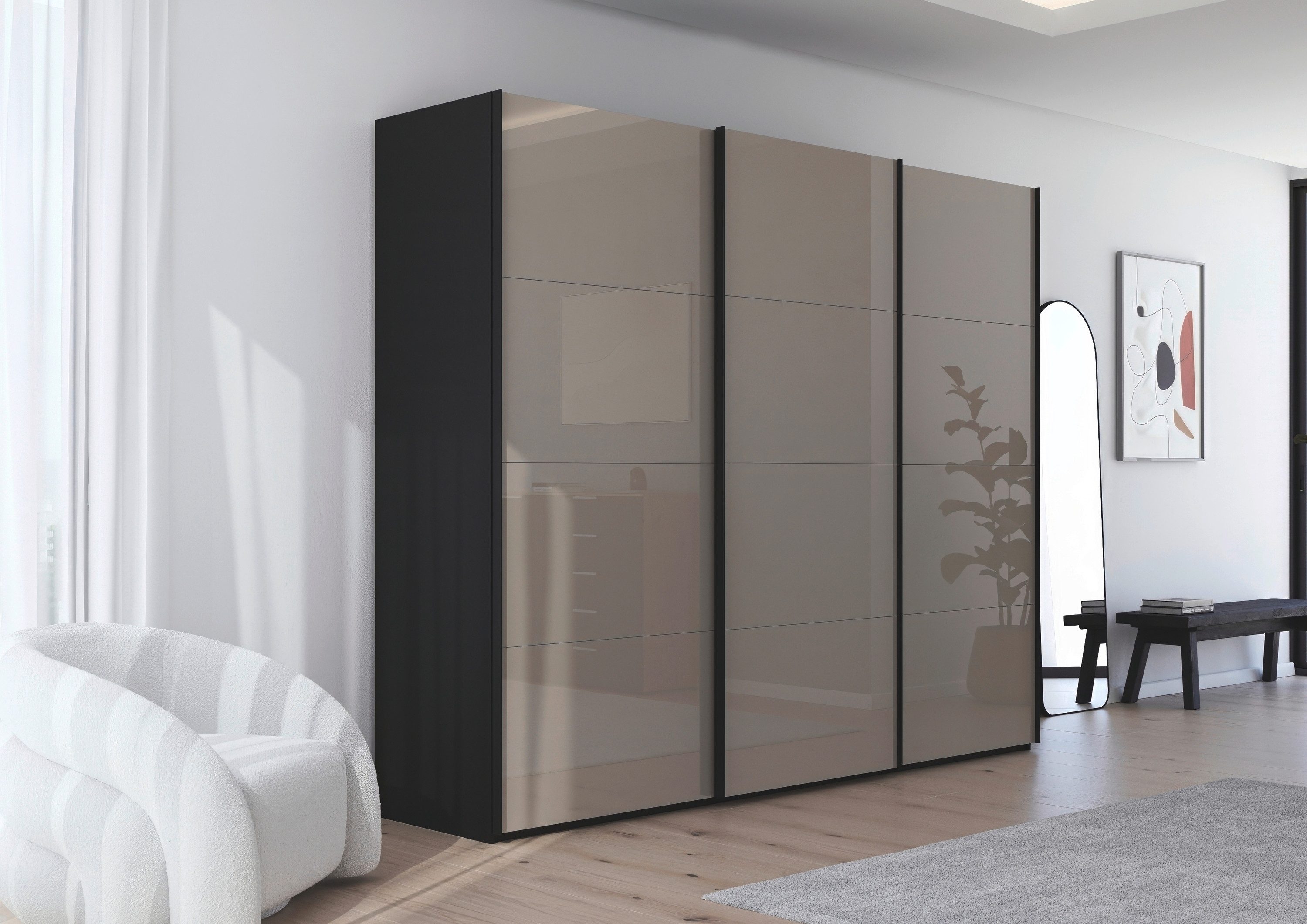 rauch Schuifdeurkast Kledingkast Kast Garderobe Slaapkamerkast SCALE-FYRA edel vierdelige deuren met glas-front veel kleuren made in germany