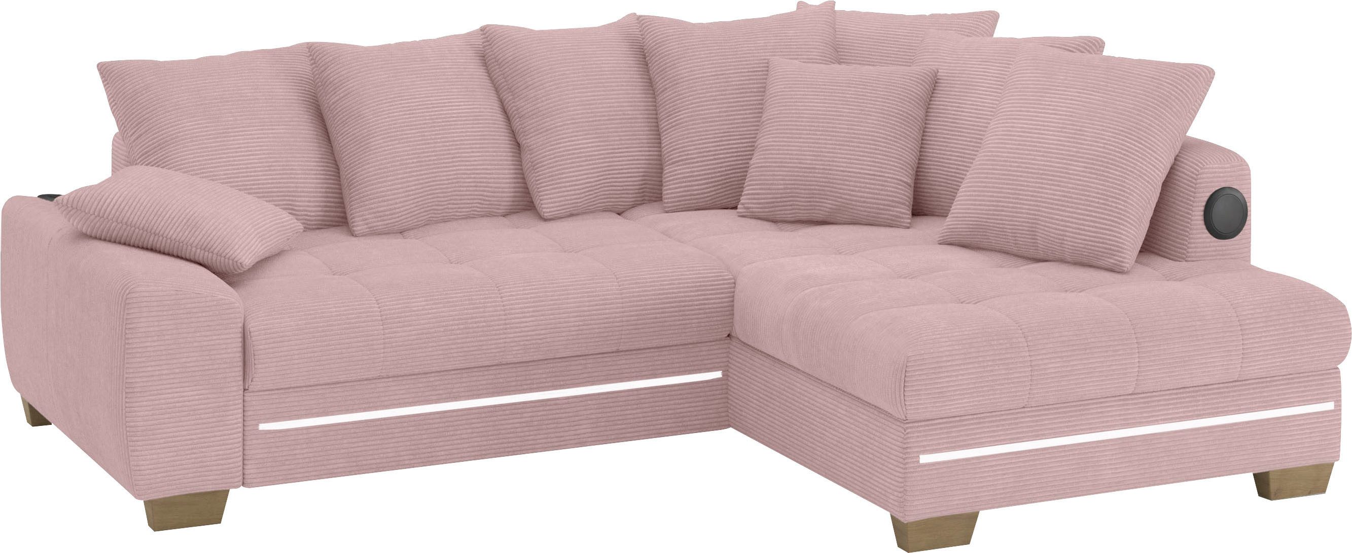 Mr. Couch Hoekbank Nikita II, L-vorm met koudschuim, rgb-led, geluidssysteem, optioneel met bed, bedlade roze, hoekbanken