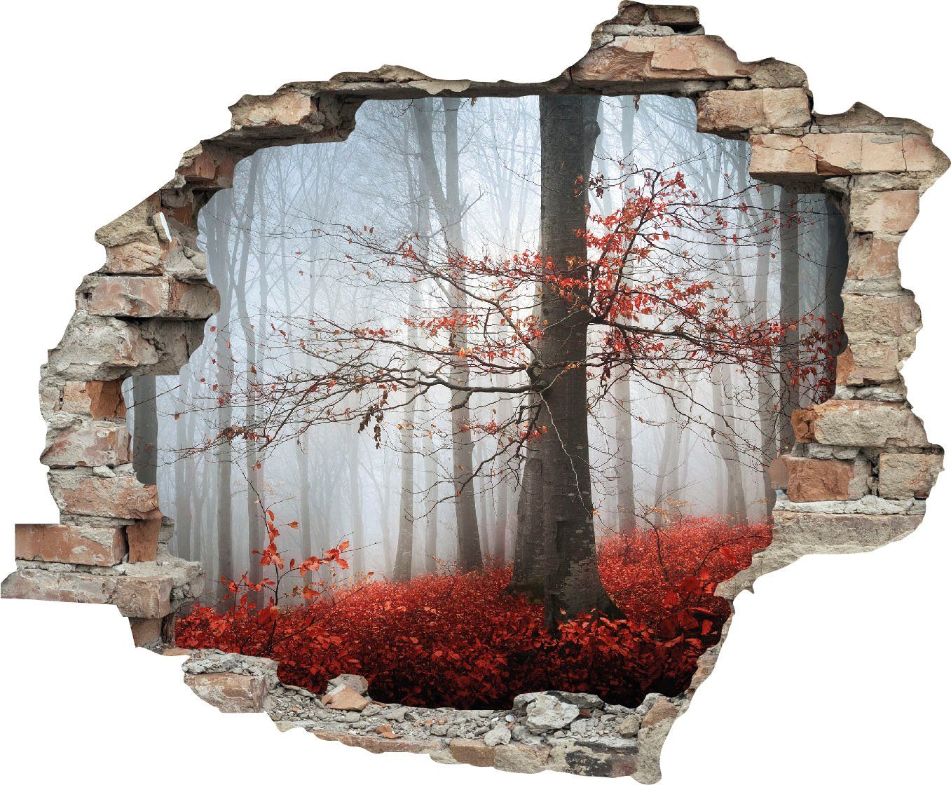 queence Wandfolie Bos in de herfst Muursticker, muurdecoratie, zelfklevend, 3D, muurdurchbraak (1 stuk) wandstickers rood