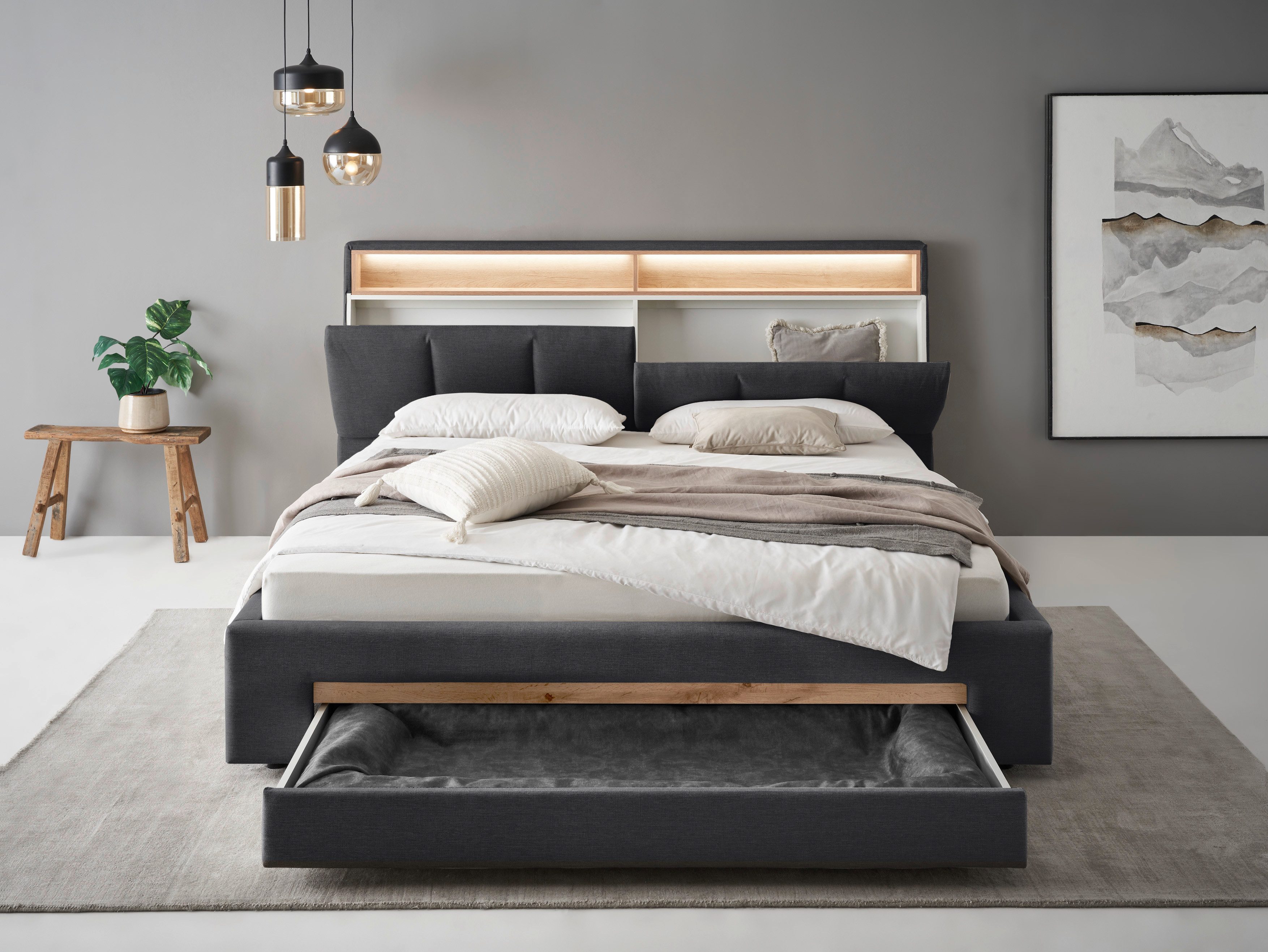 INOSIGN Gestoffeerd bed CiTY/GiRON,, gepolsterd opbergbed, met LED-verlichting Bedkisten met hondenbed of als opbergruimte, opklapbare hoofdeinden