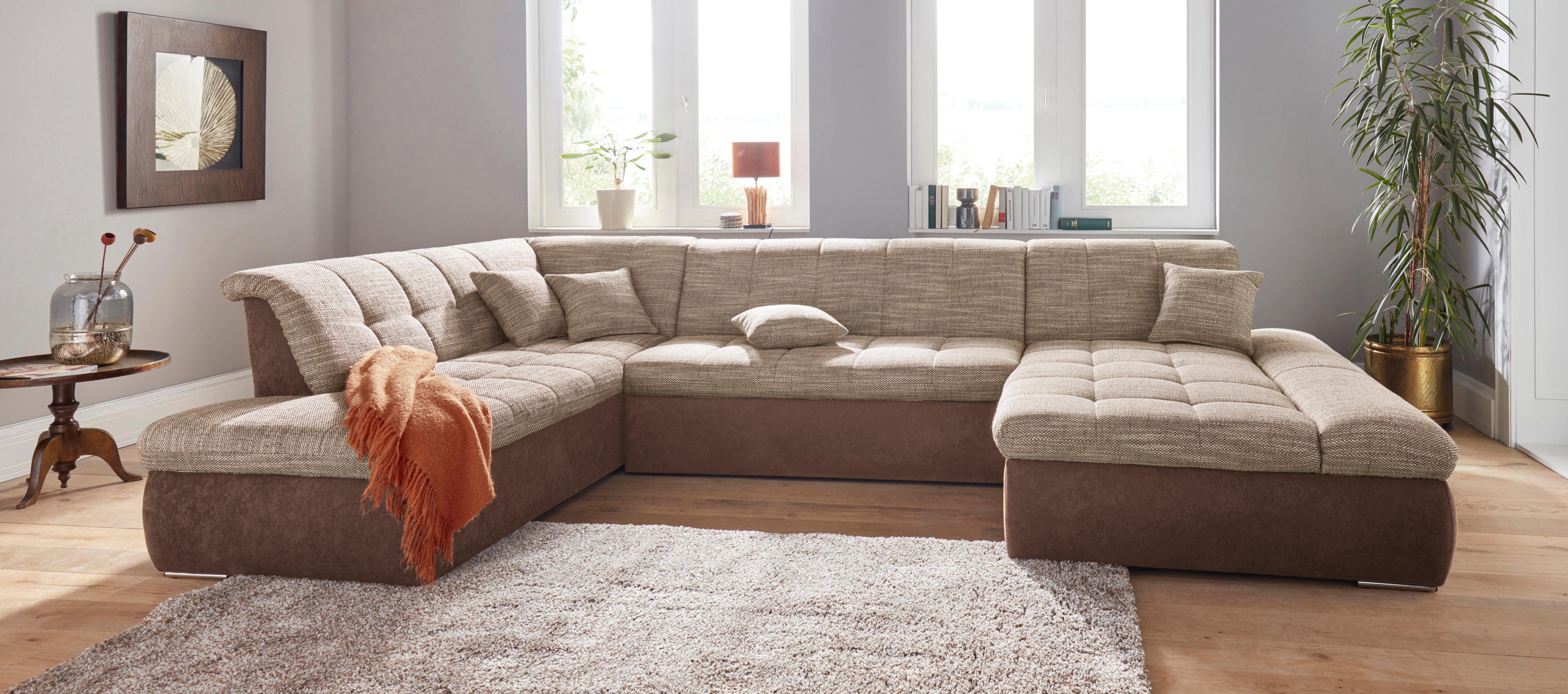 DOMO collection Zithoek PB Moric optioneel met slaapfunctie + armsteunverstelling, L-vorm XXL-formaat BxDxH: 353x216x80 cm, fijn doorgestikt patroon, incl. sierkussens