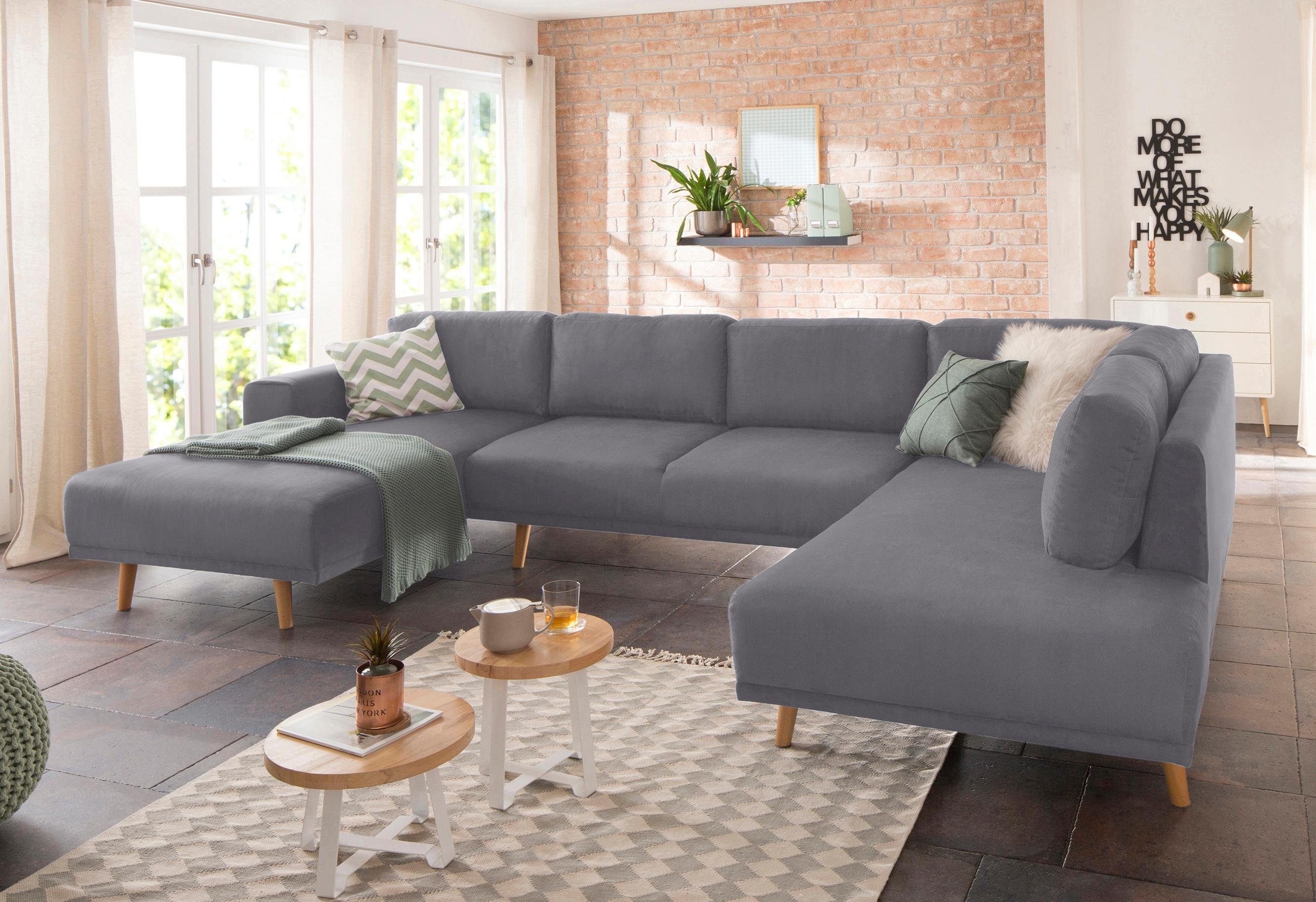 Home affaire Zithoek Lasse U-vorm in scandinavische stijl met houten poten grijs, zithoeken, Ottomane rechts