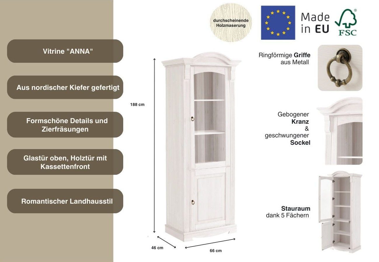 Home affaire Vitrinekast ANNA Breedte 69 cm, hoogte 187 cm, metalen grepen, van massief grenen, FSC®