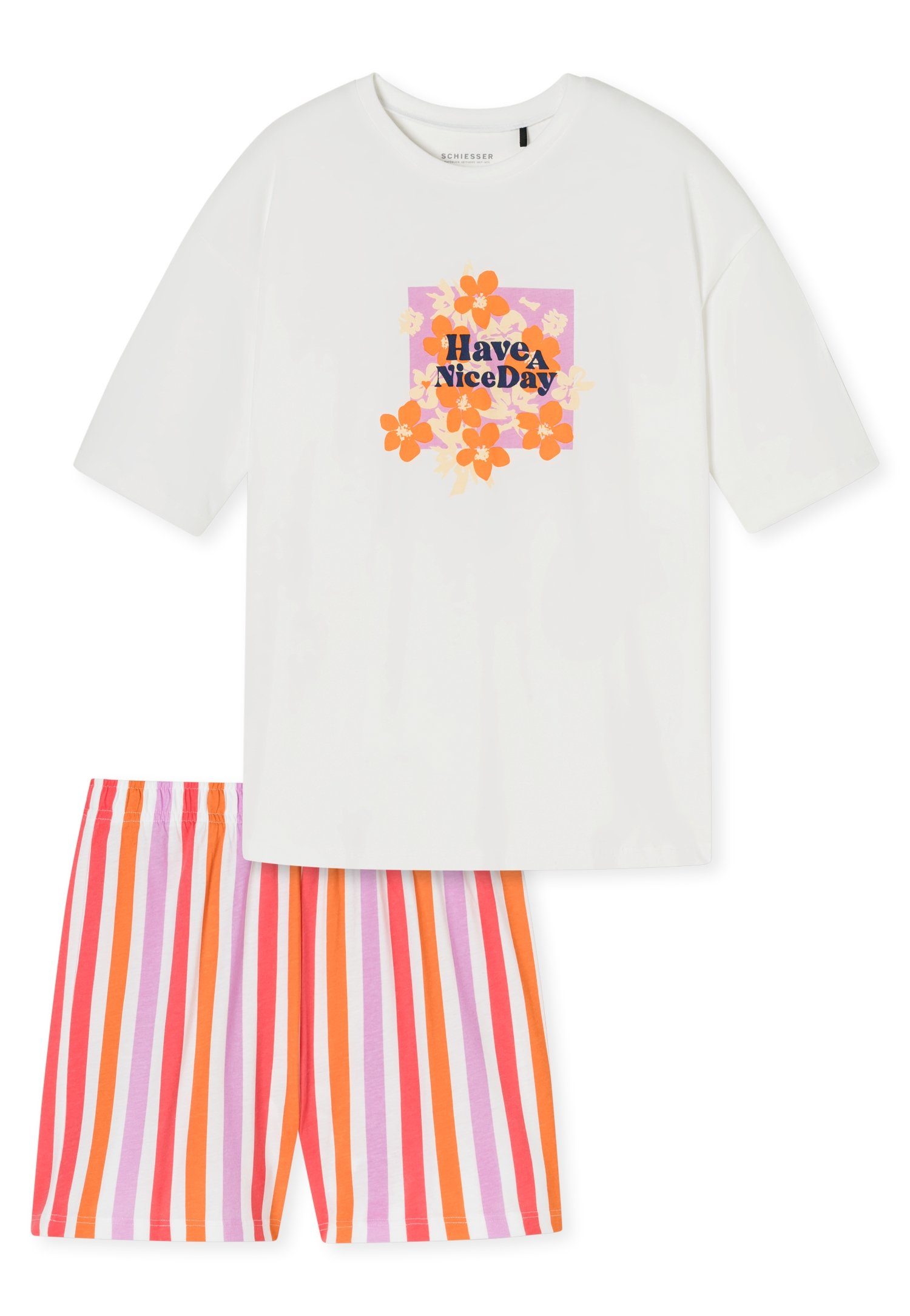 Schiesser Pyjama Nightwear met "have a nice day"-tekst en zomerse bloemenprint (2-delig)