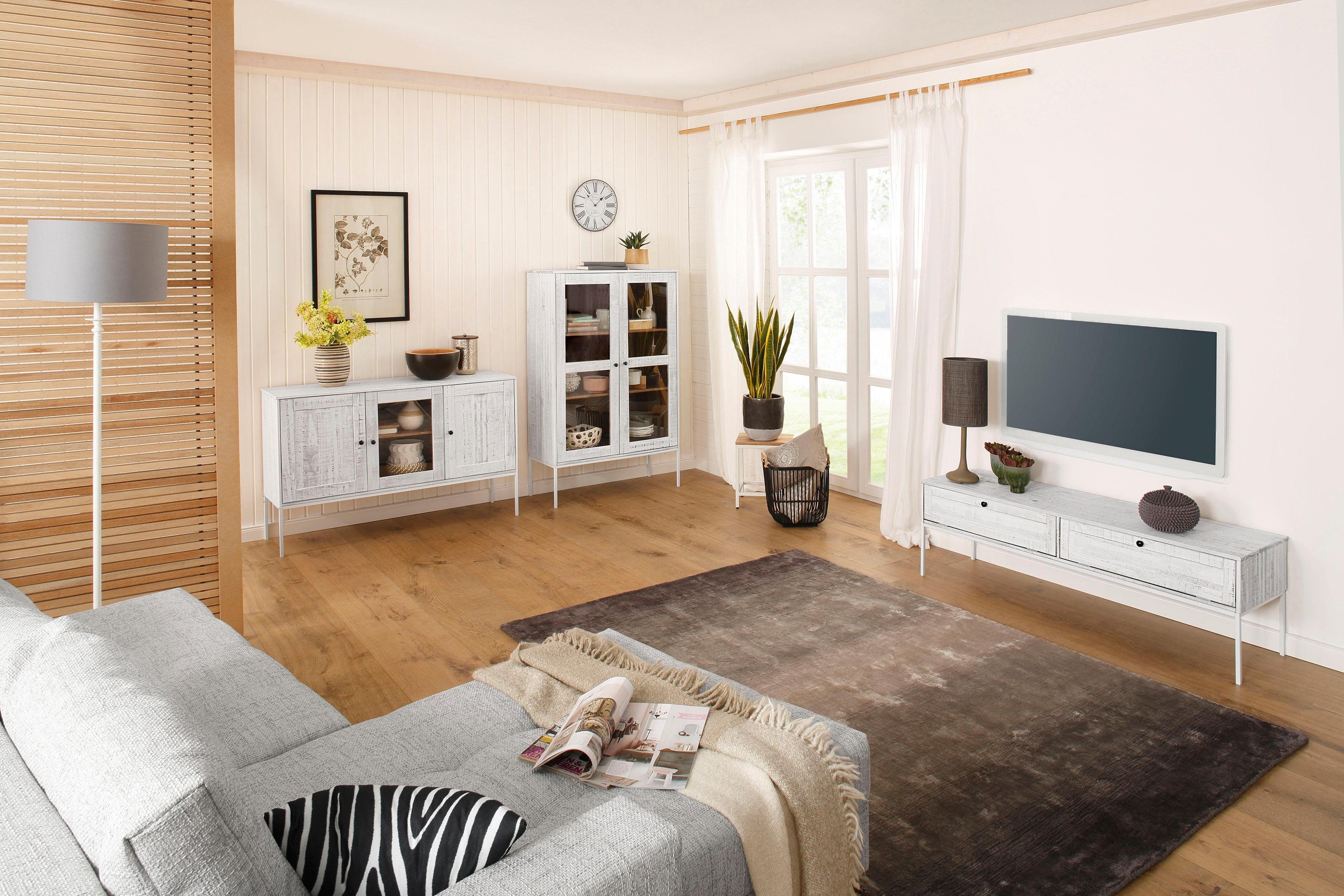 Home affaire Tv-meubel Freya Commode met 2 kleppen, metalen handgrepen, van massief hout, breedte 140 cm
