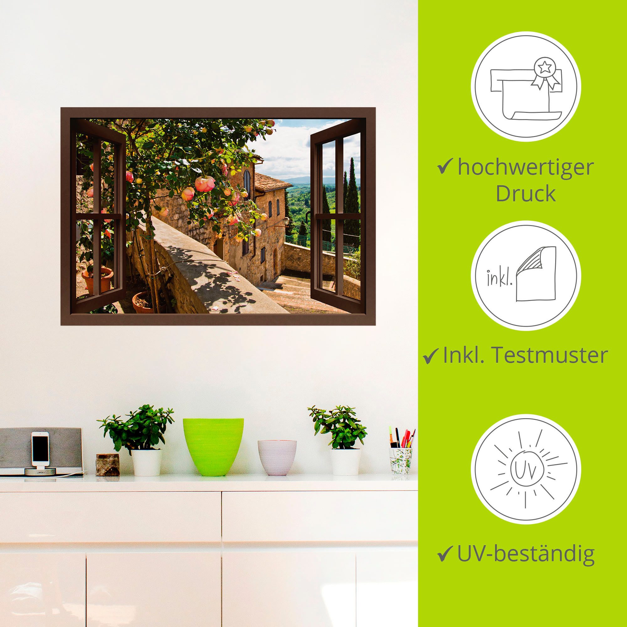 Artland Artprint Blik uit het venster rozen op balkon Toscane als artprint van aluminium, artprint voor buiten, artprint op linnen, poster, muursticker