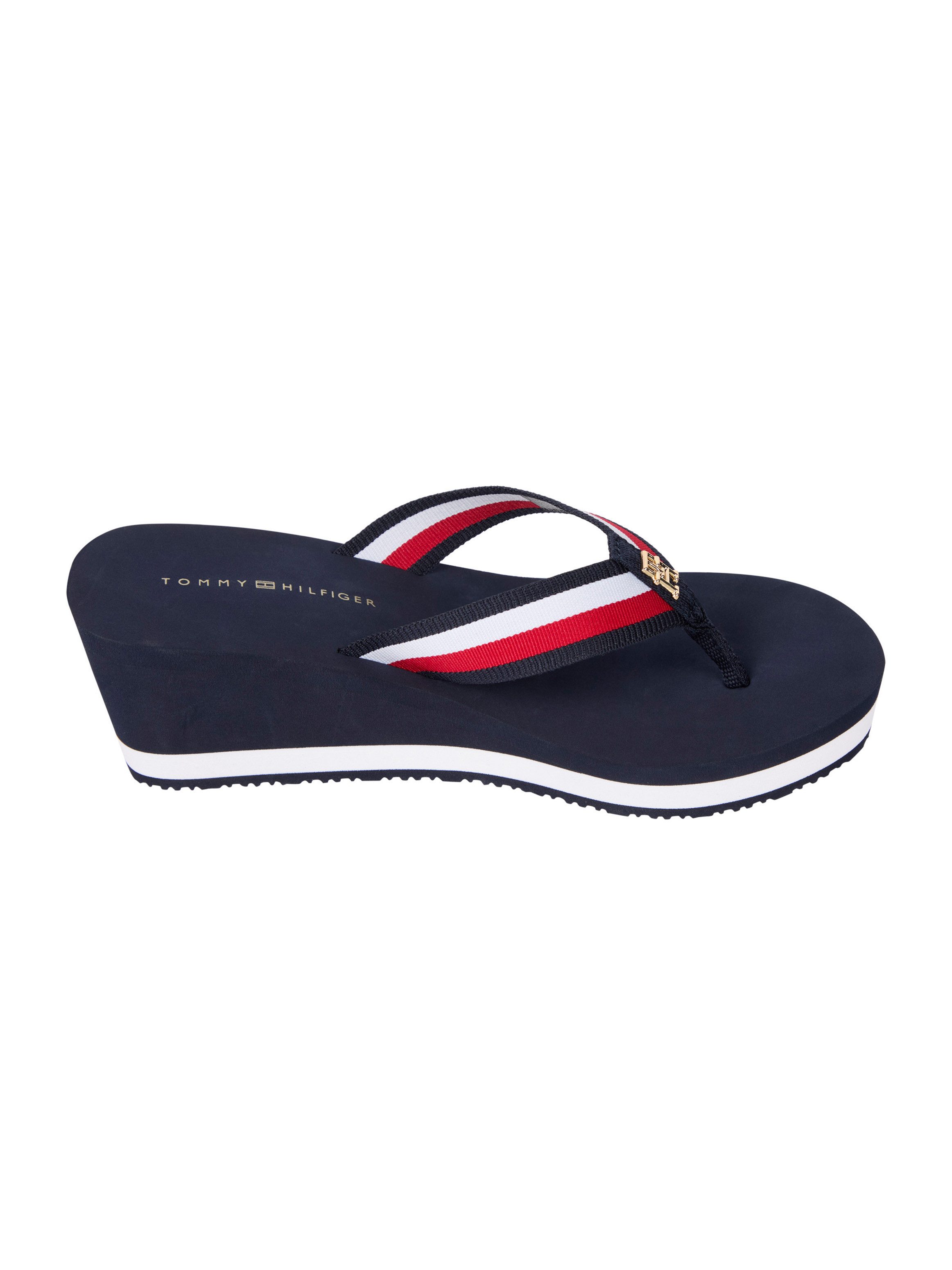 Tommy Hilfiger Dianets TH CORPORATE WEDGE BEACH SANDAL , wig hak, zomerschoen, teenslipper met gestreepte bandages