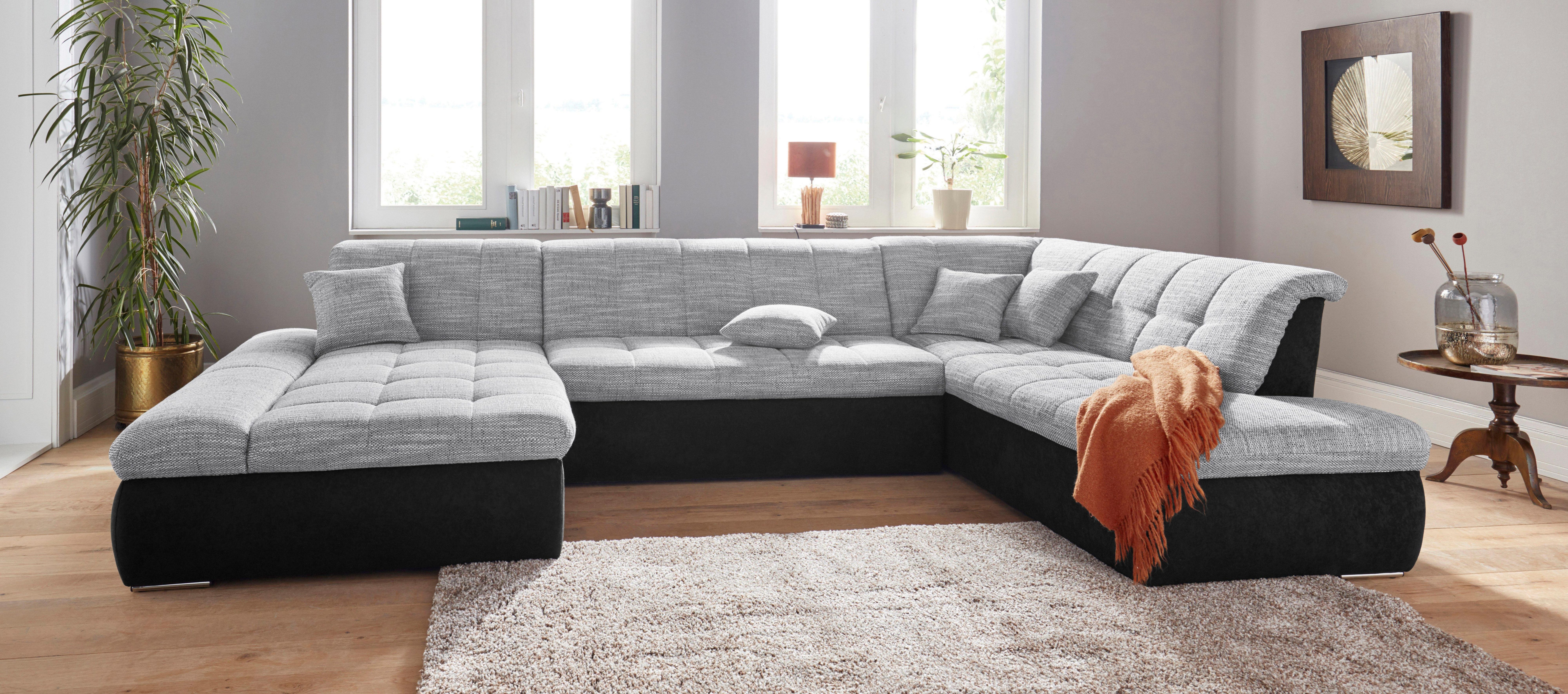 DOMO collection Zithoek PB Moric optioneel met slaapfunctie + armsteunverstelling, L-vorm XXL-formaat BxDxH: 353x216x80 cm, fijn doorgestikt patroon, incl. sierkussens