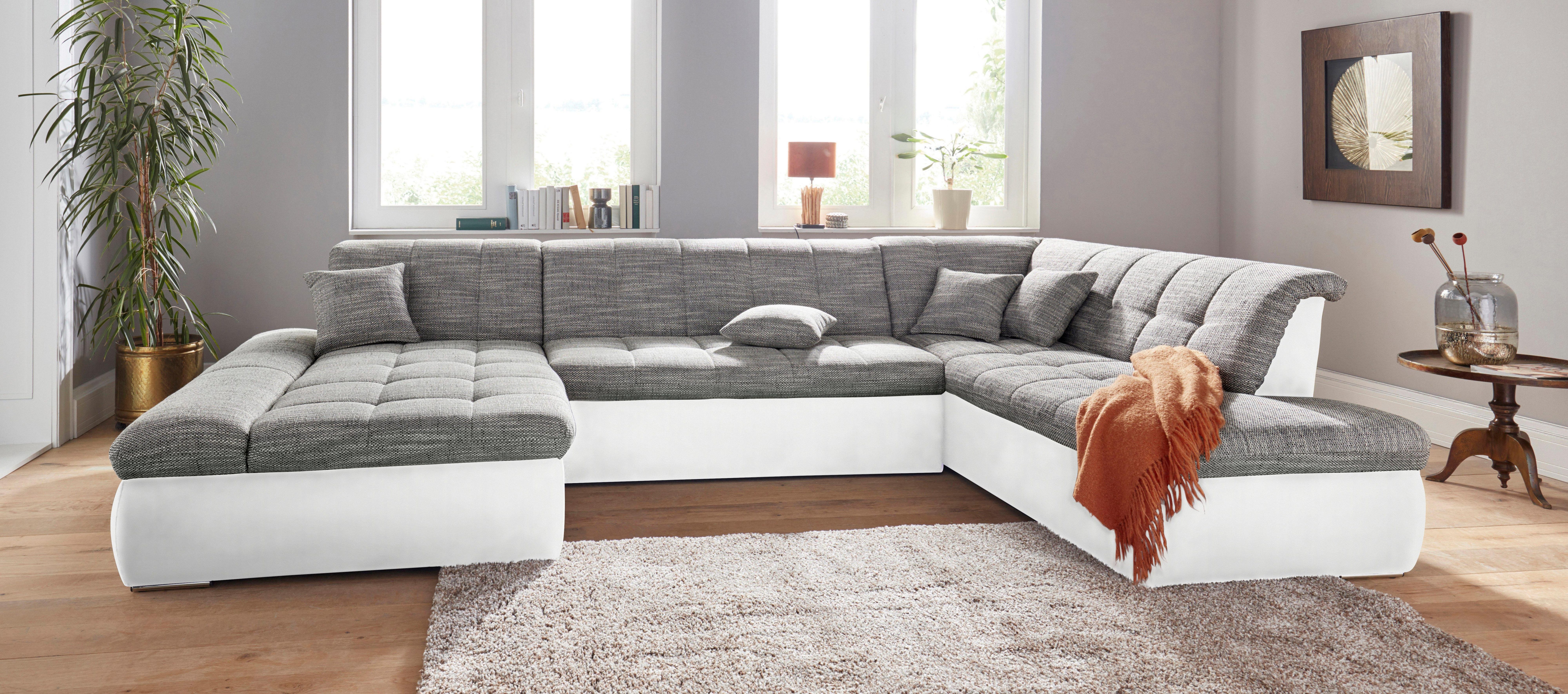 DOMO collection Zithoek PB Moric optioneel met slaapfunctie + armsteunverstelling, L-vorm XXL-formaat BxDxH: 353x216x80 cm, fijn doorgestikt patroon, incl. sierkussens