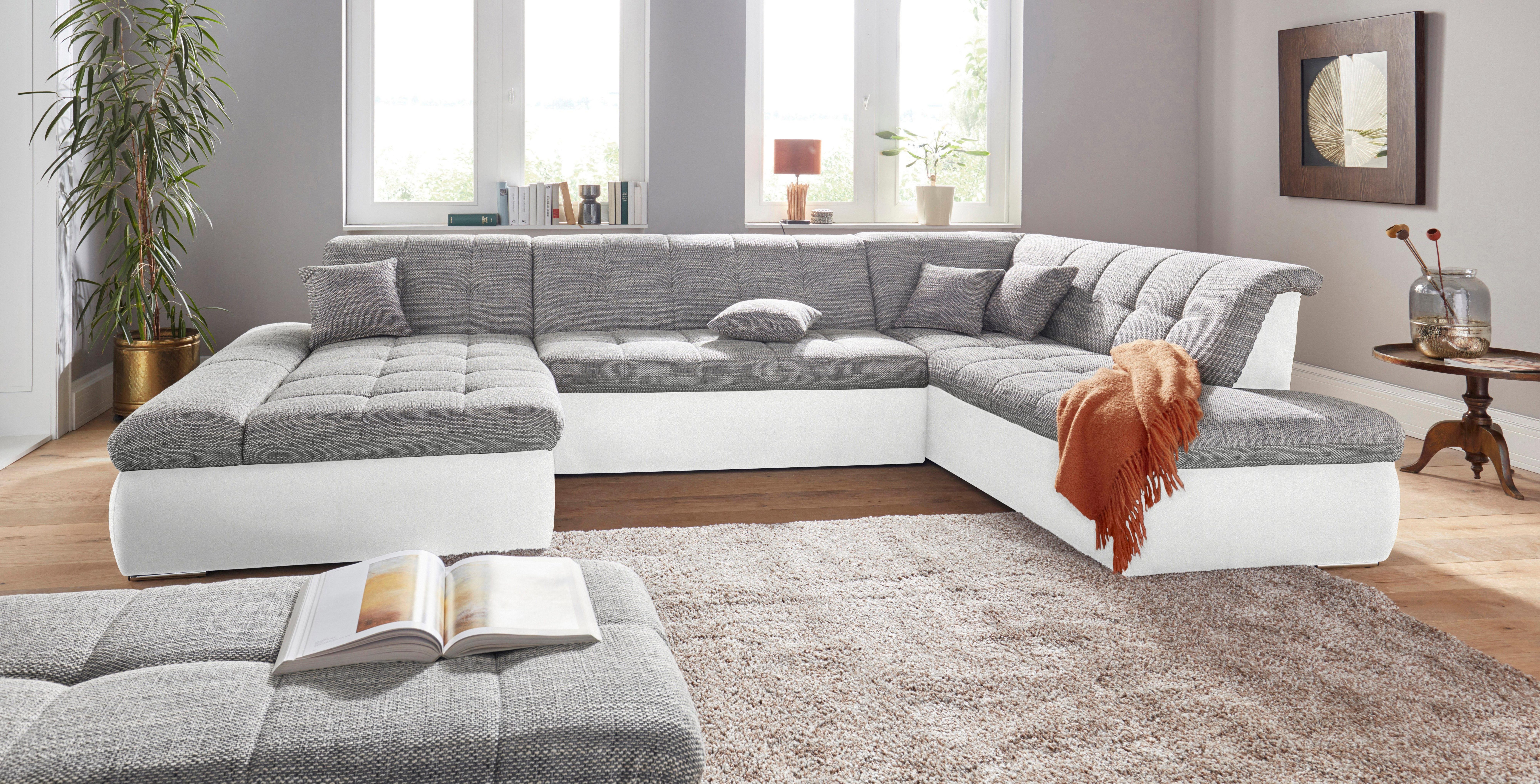 DOMO collection Zithoek PB Moric optioneel met slaapfunctie + armsteunverstelling, L-vorm XXL-formaat BxDxH: 353x216x80 cm, fijn doorgestikt patroon, incl. sierkussens