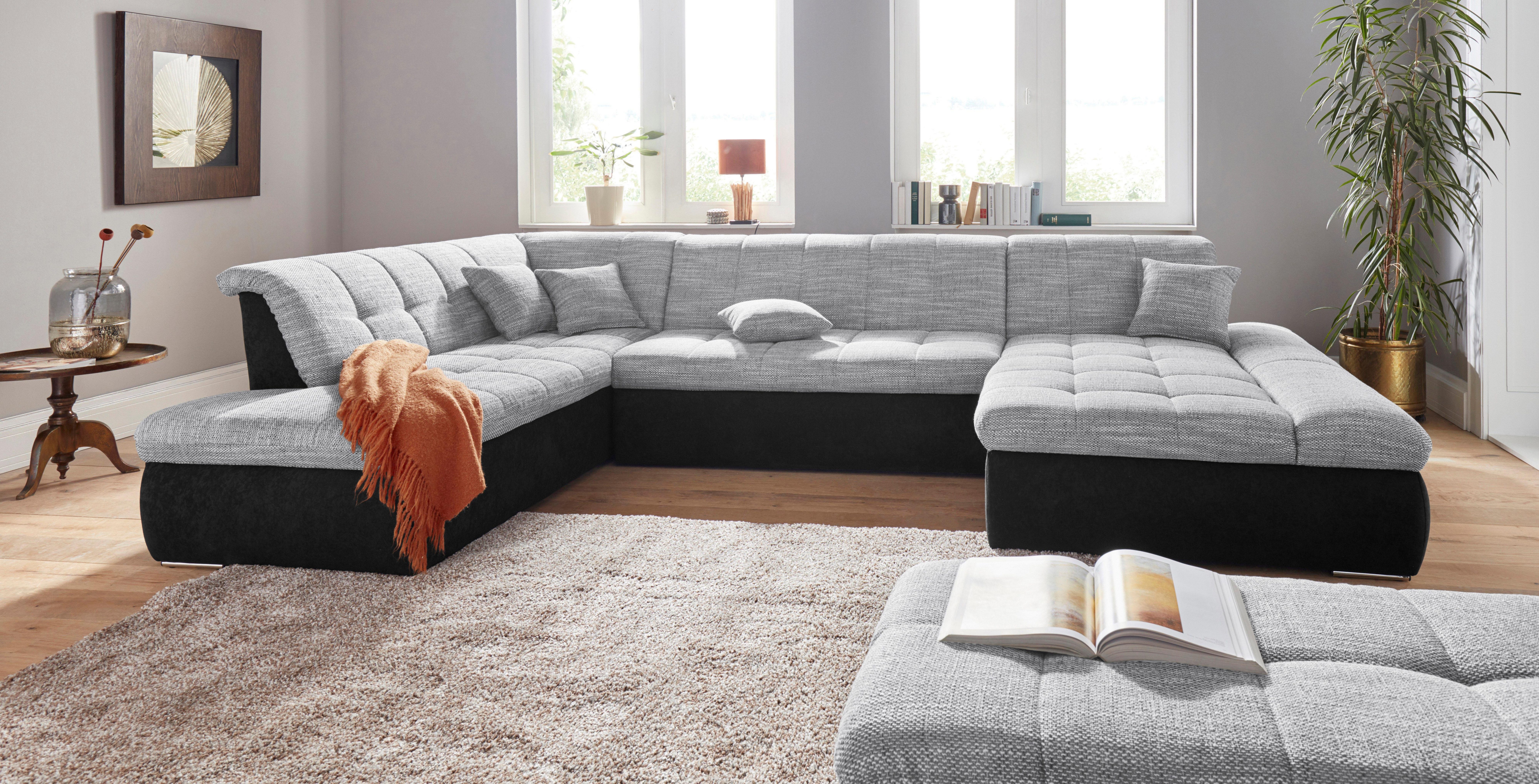 DOMO collection Zithoek PB Moric optioneel met slaapfunctie + armsteunverstelling, L-vorm XXL-formaat BxDxH: 353x216x80 cm, fijn doorgestikt patroon, incl. sierkussens