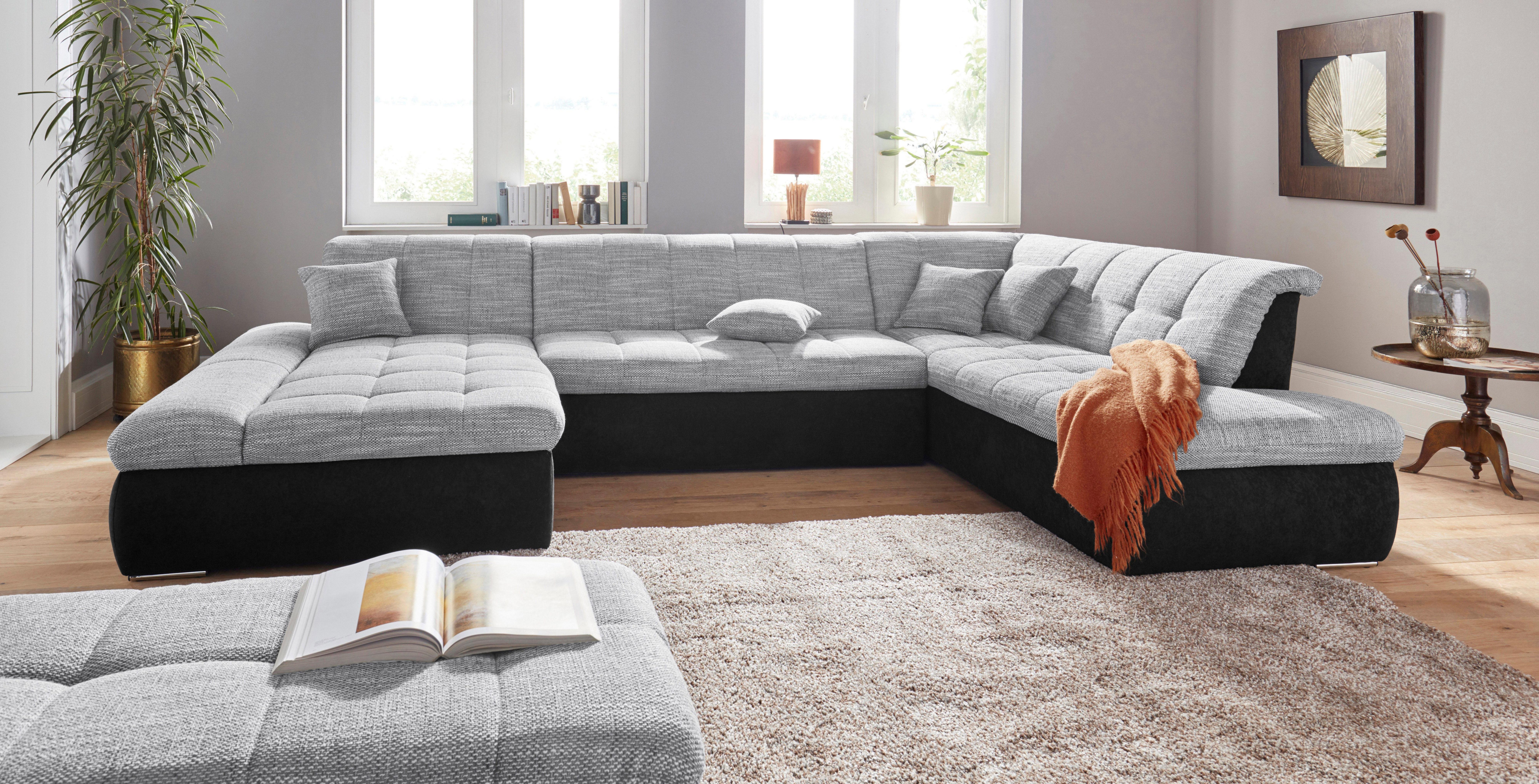 DOMO collection Zithoek PB Moric optioneel met slaapfunctie + armsteunverstelling, L-vorm XXL-formaat BxDxH: 353x216x80 cm, fijn doorgestikt patroon, incl. sierkussens