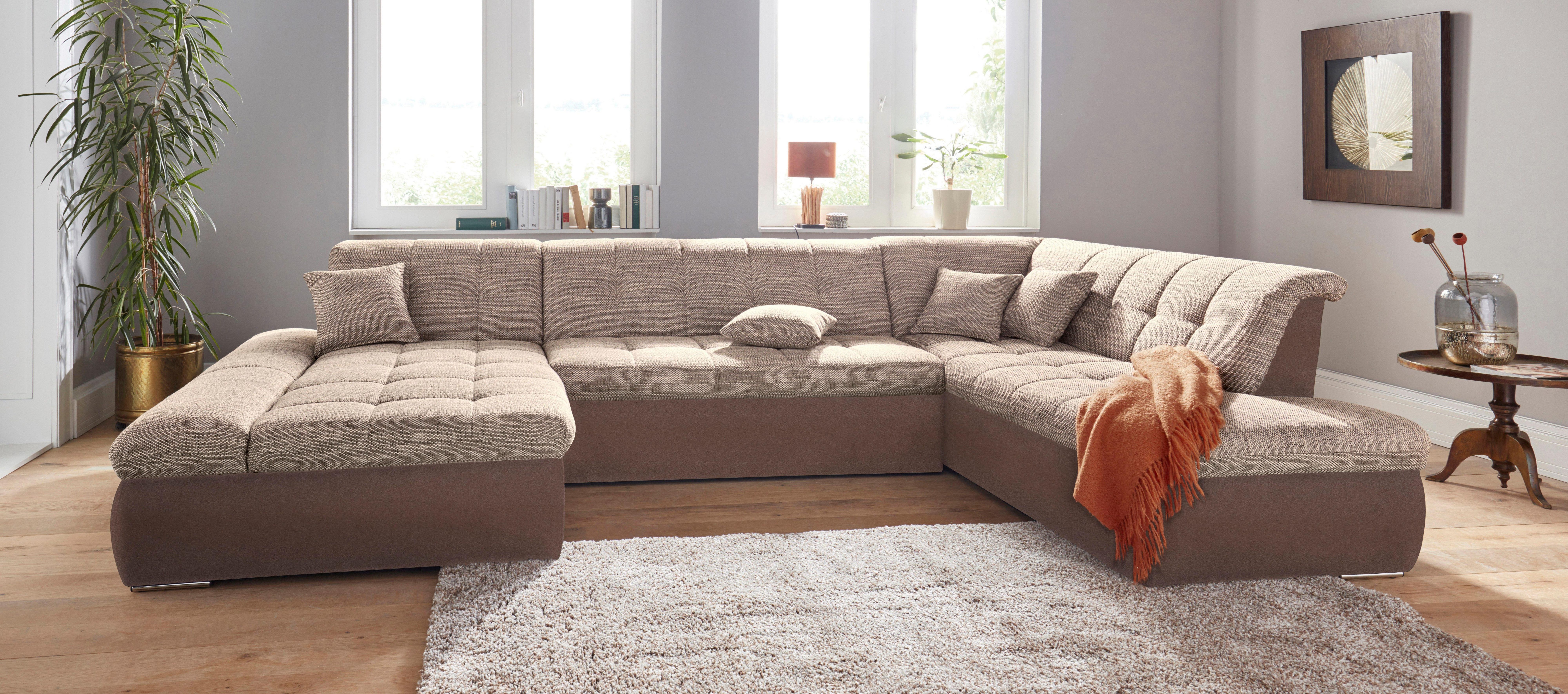 DOMO collection Zithoek PB Moric optioneel met slaapfunctie + armsteunverstelling, L-vorm XXL-formaat BxDxH: 353x216x80 cm, fijn doorgestikt patroon, incl. sierkussens