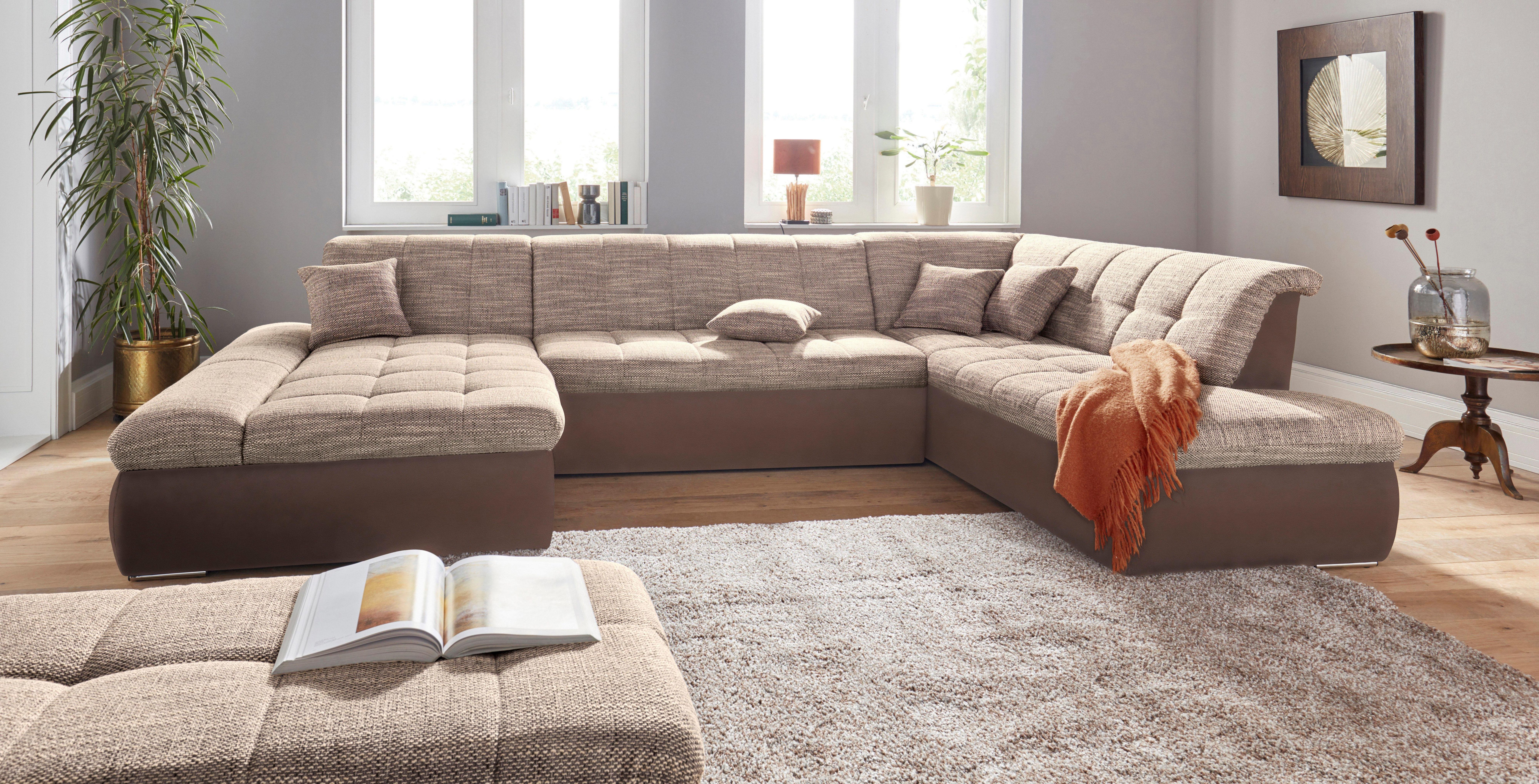DOMO collection Zithoek PB Moric optioneel met slaapfunctie + armsteunverstelling, L-vorm XXL-formaat BxDxH: 353x216x80 cm, fijn doorgestikt patroon, incl. sierkussens
