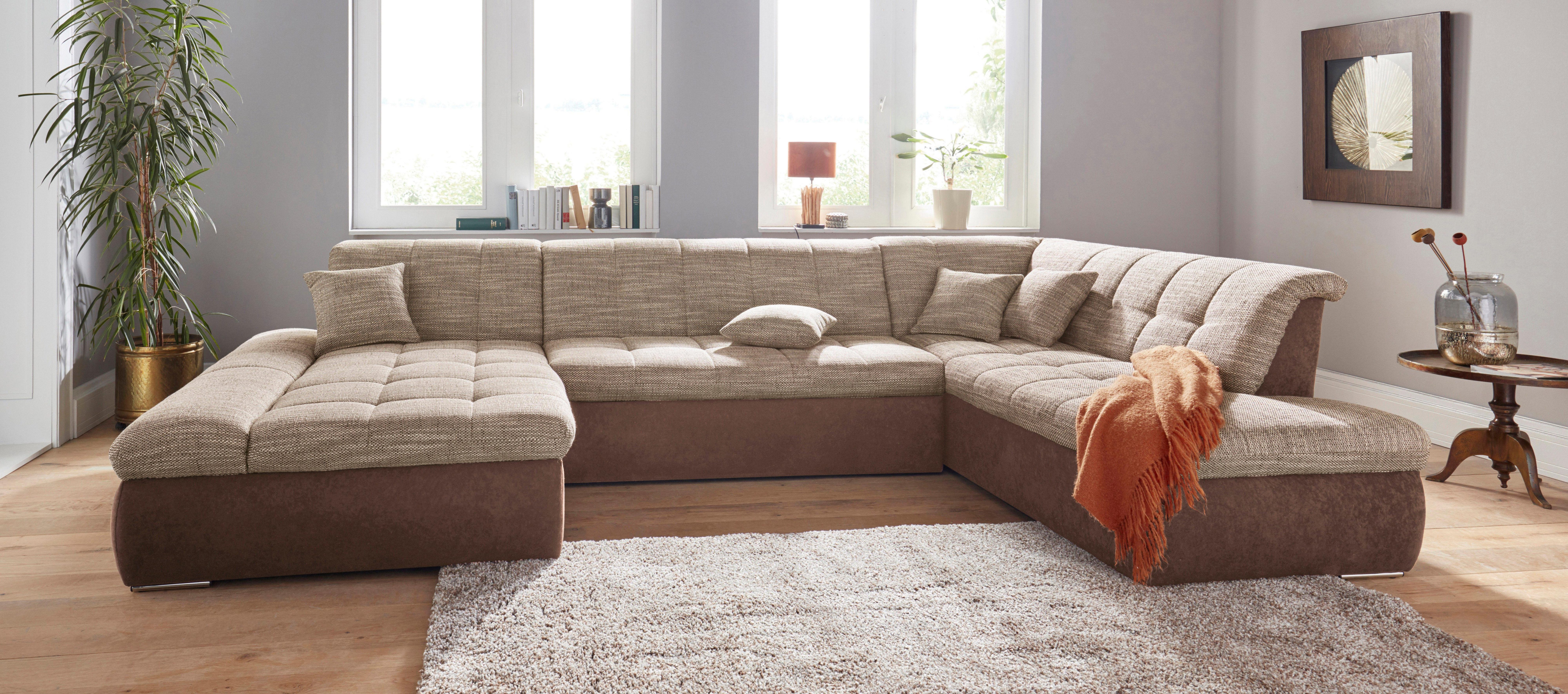 DOMO collection Zithoek PB Moric optioneel met slaapfunctie + armsteunverstelling, L-vorm XXL-formaat BxDxH: 353x216x80 cm, fijn doorgestikt patroon, incl. sierkussens