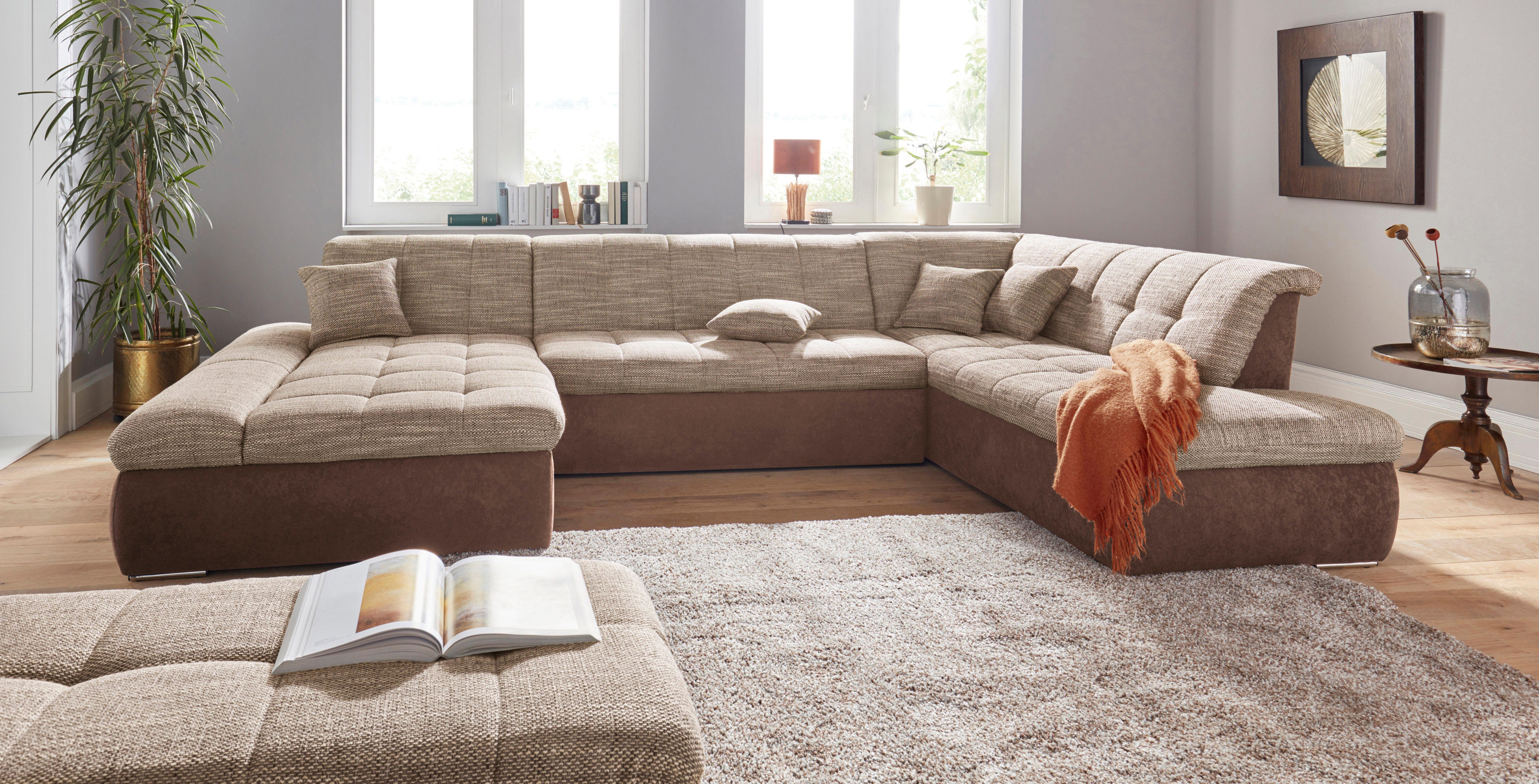 DOMO collection Zithoek PB Moric optioneel met slaapfunctie + armsteunverstelling, L-vorm XXL-formaat BxDxH: 353x216x80 cm, fijn doorgestikt patroon, incl. sierkussens