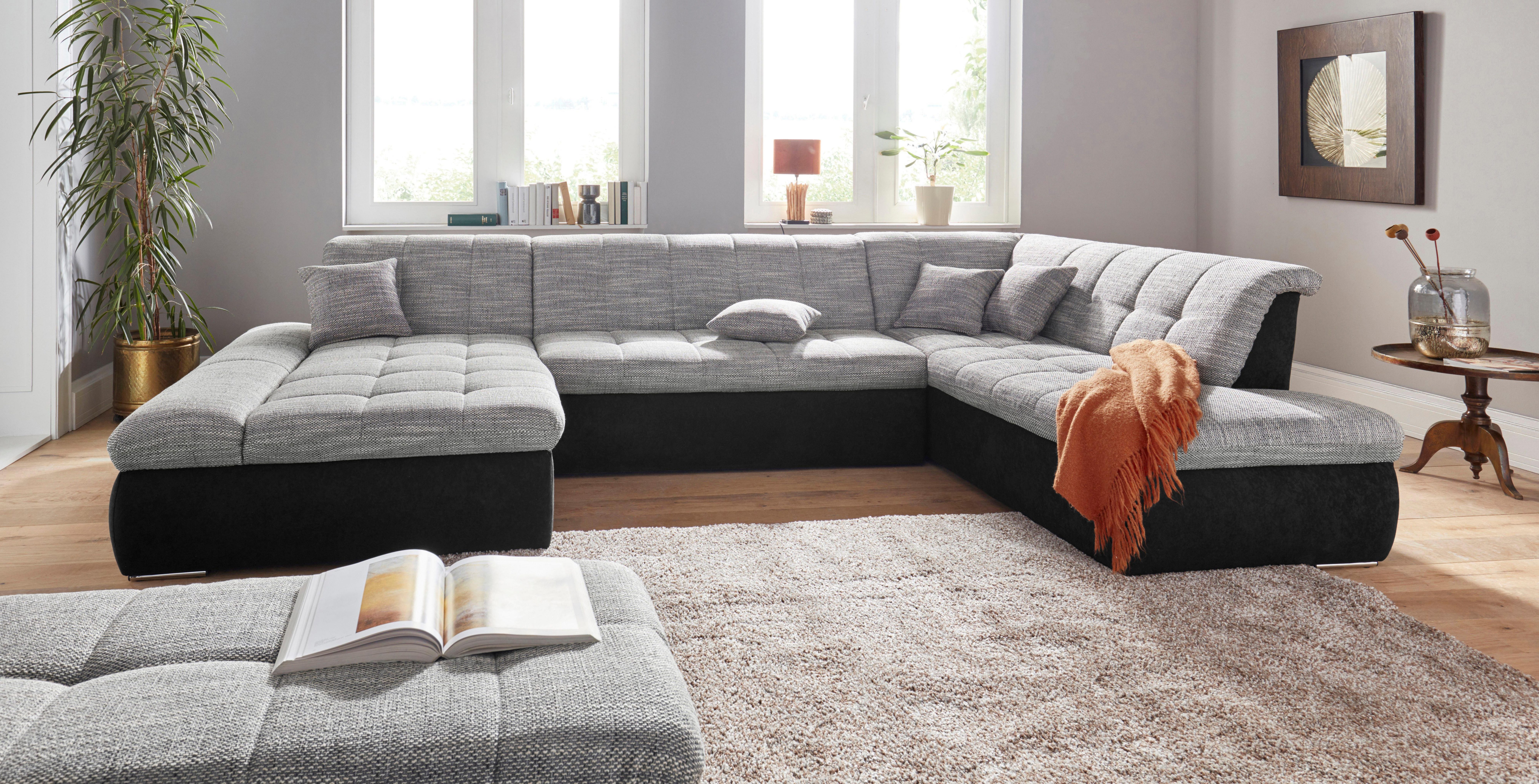DOMO collection Zithoek PB Moric optioneel met slaapfunctie + armsteunverstelling, L-vorm XXL-formaat BxDxH: 353x216x80 cm, fijn doorgestikt patroon, incl. sierkussens