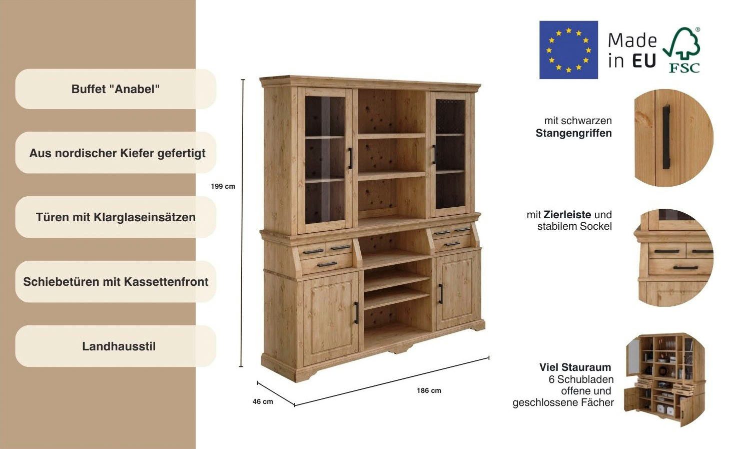 Home affaire Buffetkast Anabel, met glazen deuren en zwarte metalen handgrepen gecertificeerd massief hout, breedte 186 cm, in landhuisstijl