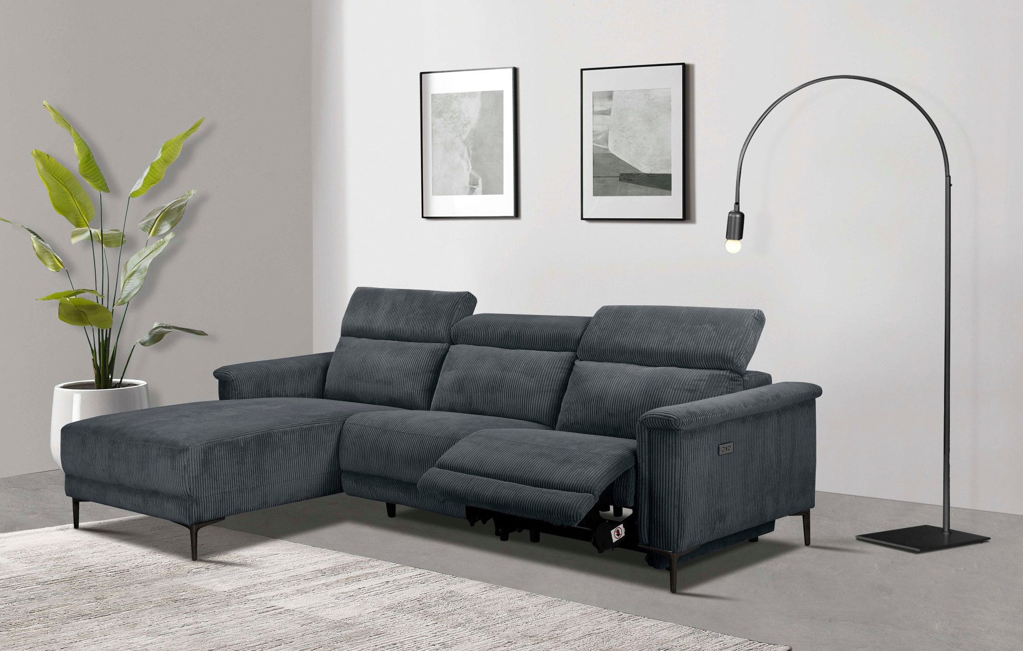 Places of Style Hoekbank Lund in cord, L-vorm, 261 cm, handmatige en elektrische relaxfunctie