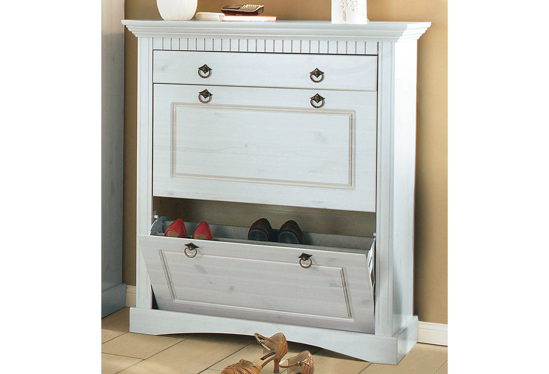 Home affaire Schoenenkast Rustiek van massief grenen, breedte 84 cm, in paneel-look schoenenkasten maat 84x38x97 cm wit