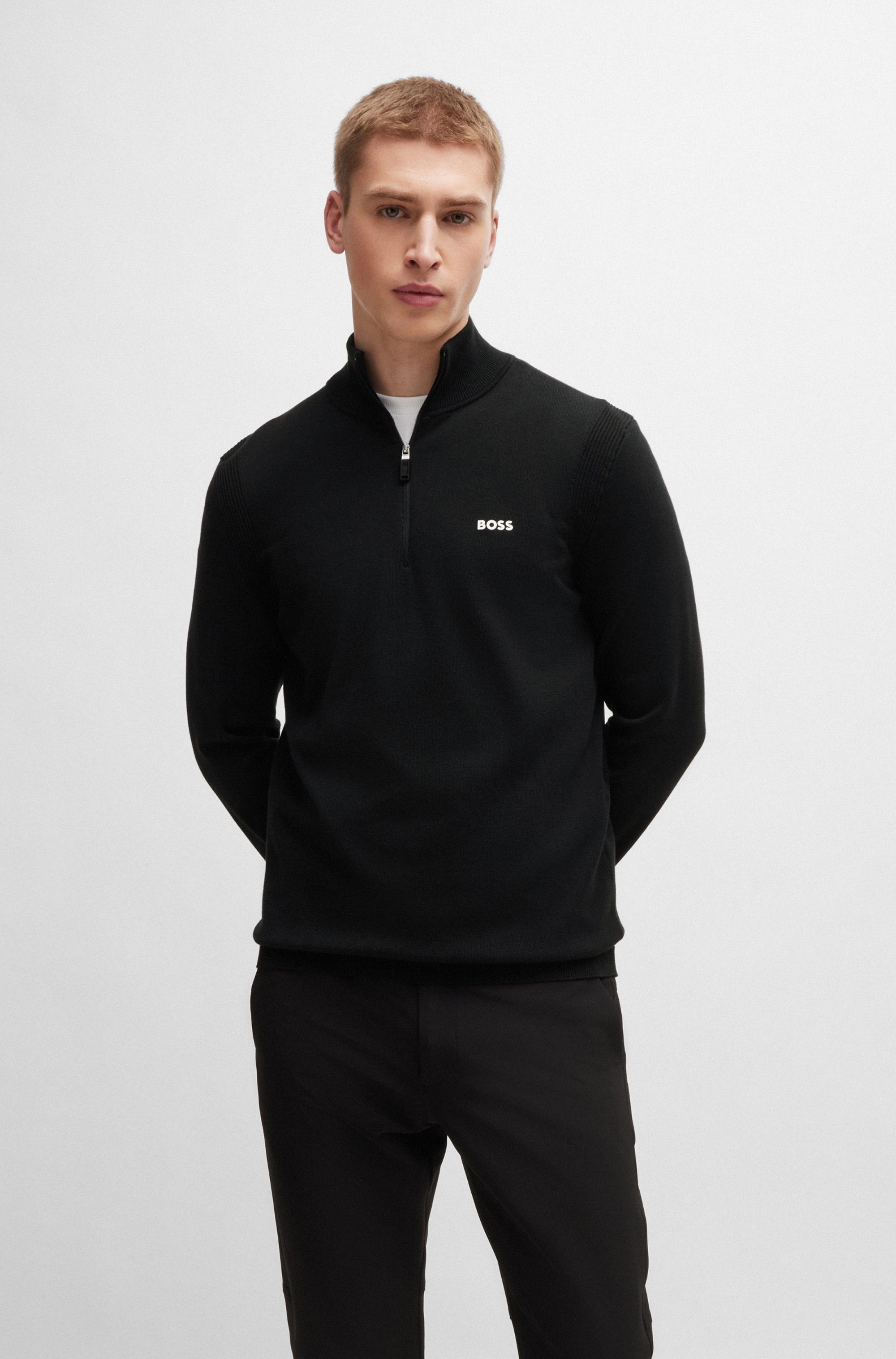 BOSS GREEN Gebreide trui Ever-X_QZ met een ritssluiting heren pullovers maat XL zwart