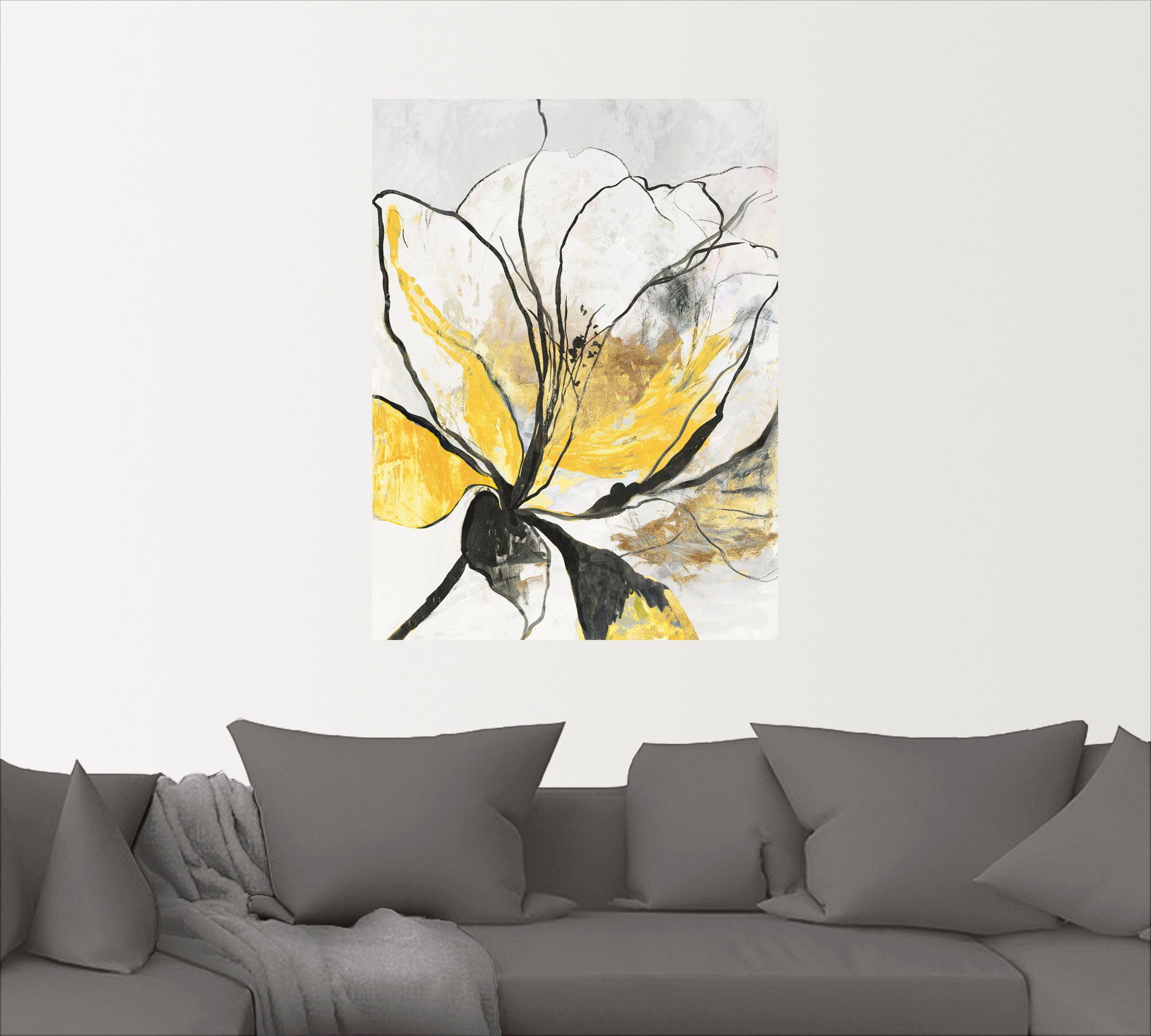 Artland Artprint Geschetst bloemdessin I gele versie als artprint van aluminium, artprint voor buiten, artprint op linnen, poster, muursticker
