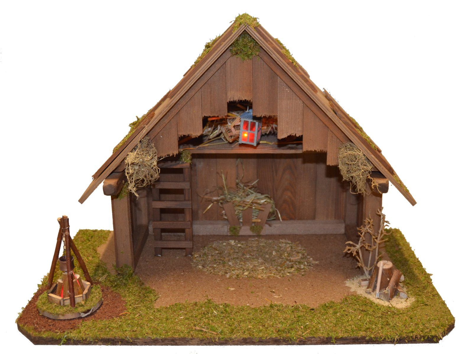 Alfred Kolbe Kribbe Kerststal zonder transformator met lantaarn, kampvuur, hakblok, 11 cm figuren 11-delig. (set)