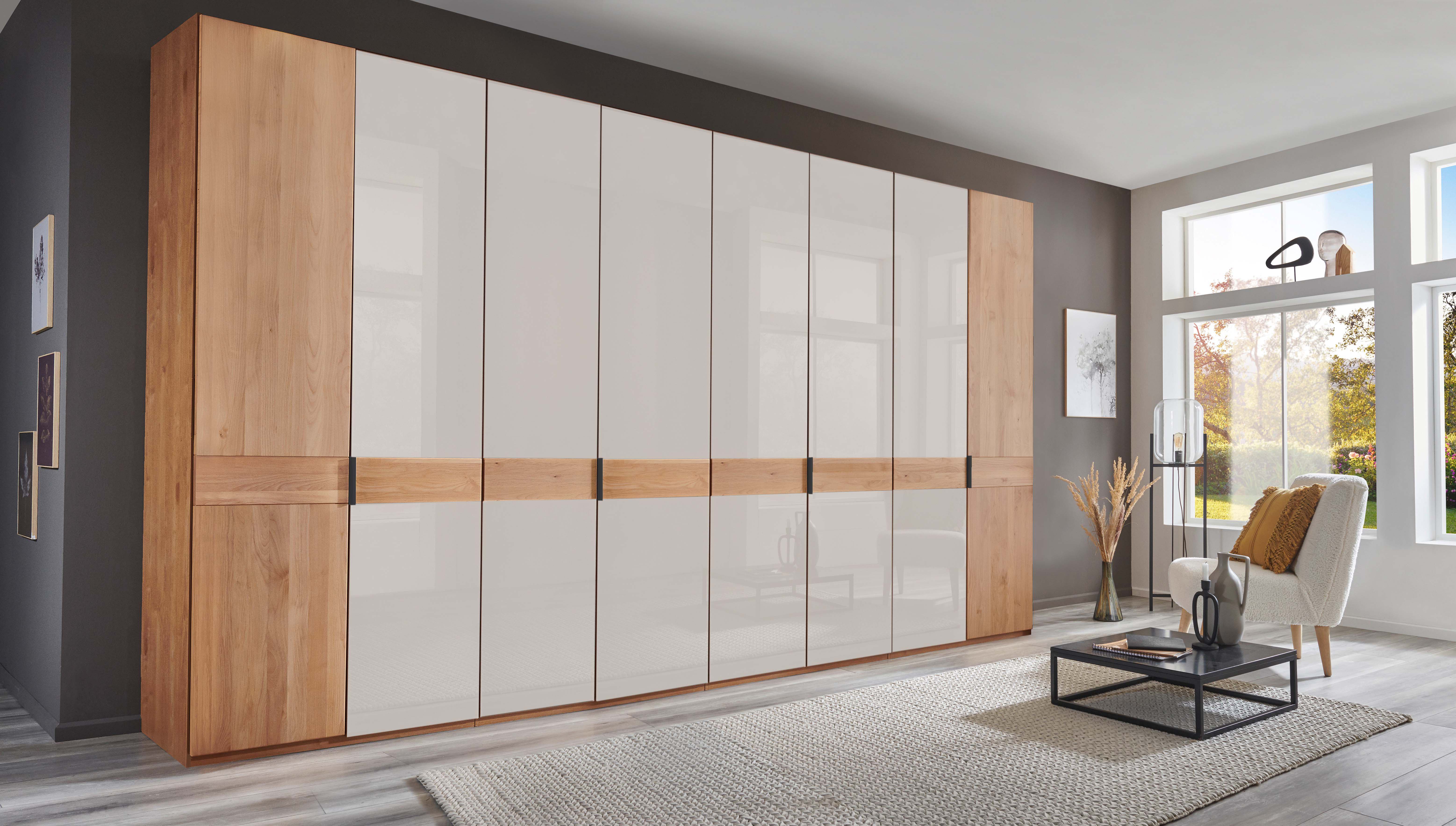 WIEMANN Draaideurkast Cardiff, massief houten deuren in combinatie met glazen of spiegeldeuren kledingkasten maat 393,1 cm x 216 cm x 58 cm bruin