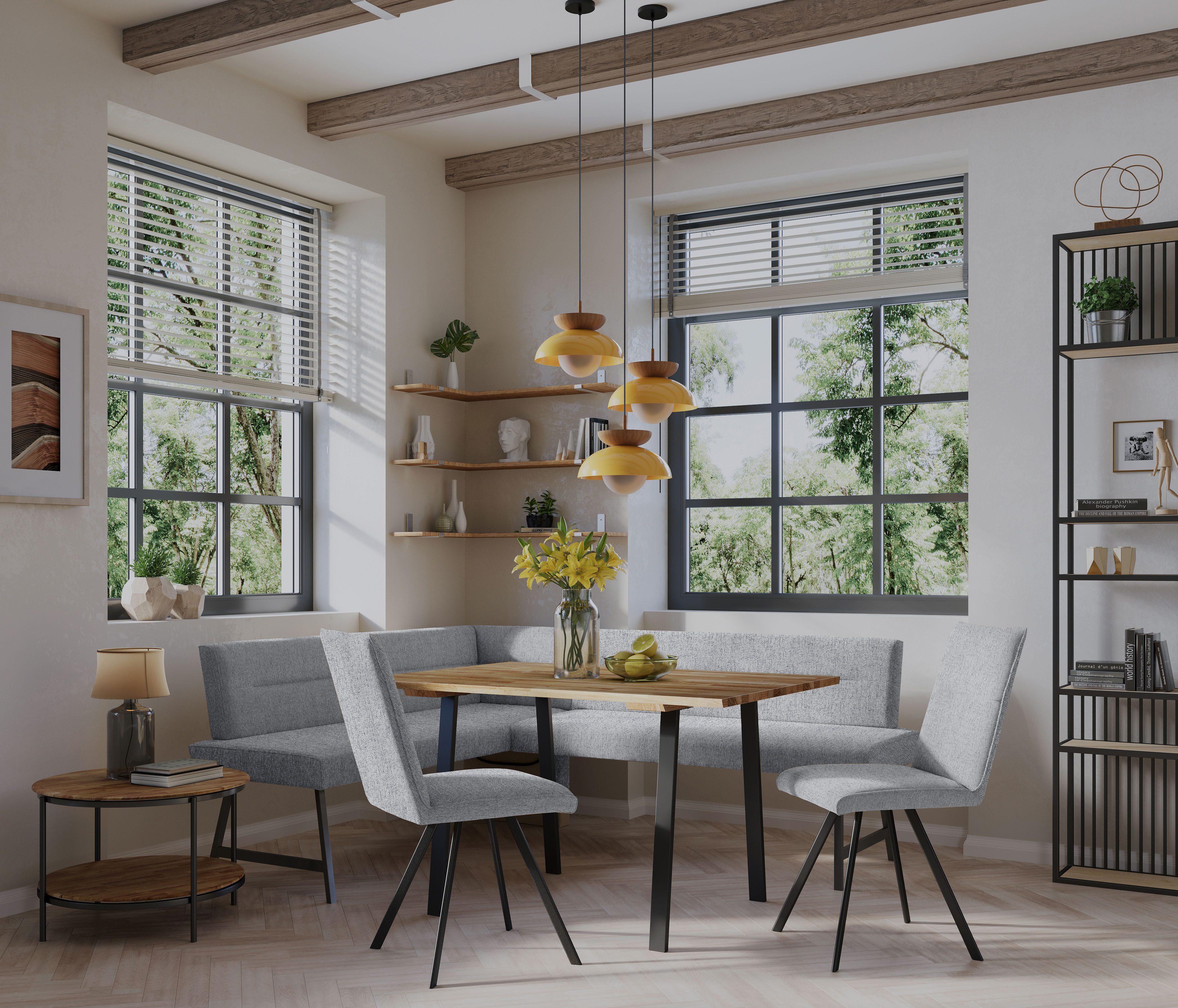 Home affaire Eethoek Sava Hoekbank met nosagvering in de zitting, massief eiken tafel (set, 4-delig)