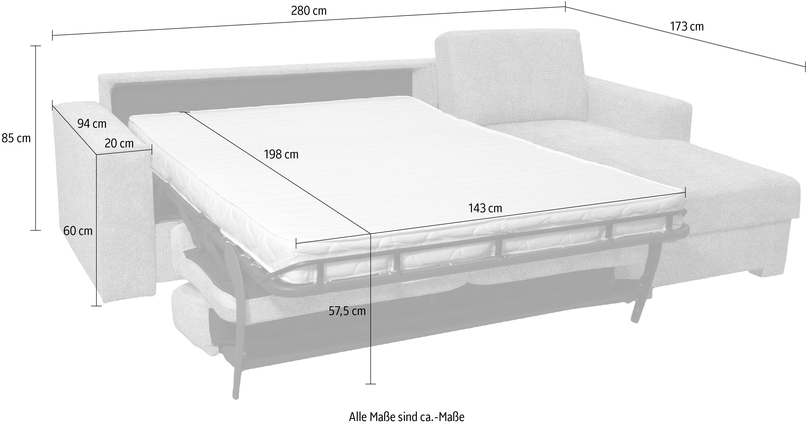 Home affaire Hoekbank Roma "M" matras hoogte 14 cm, slaapfunctie, met ondervering,