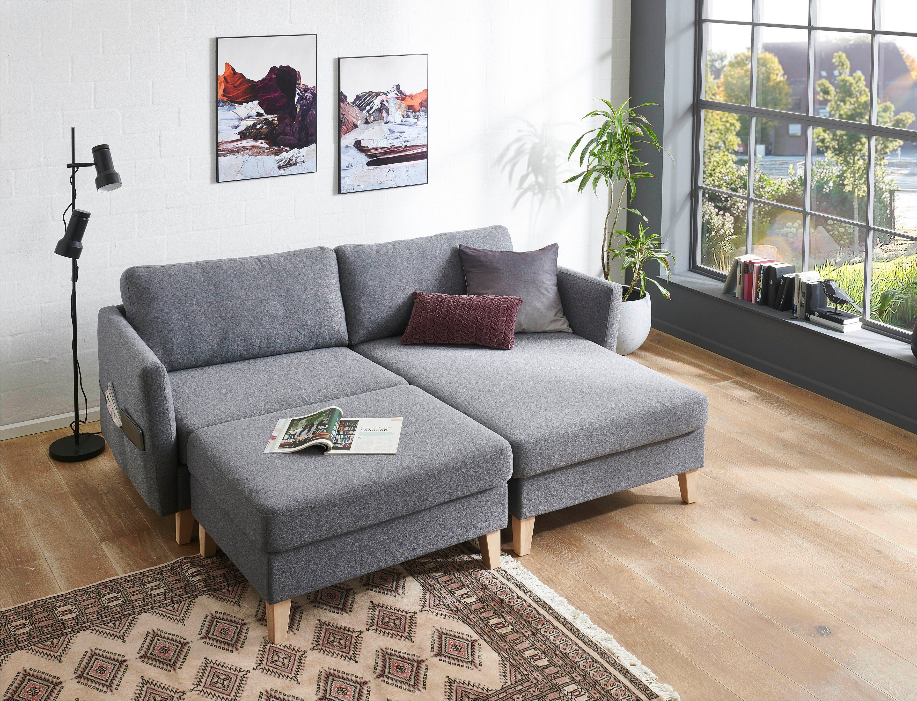 ATLANTIC home collection Hoekbank Mailo L-vorm met zakken opzij, récamier aan beide kanten te monteren, massief houten poten