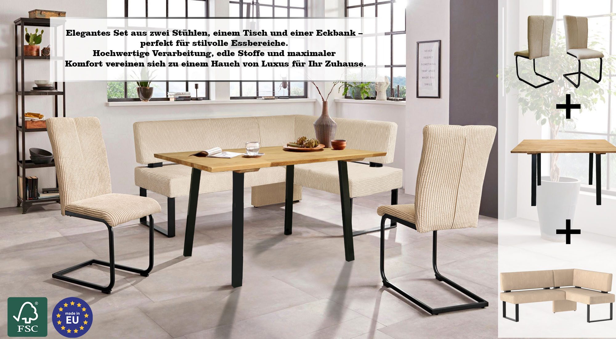 Home affaire Eethoek Oliver Hoekbank met golfvering in de zitting, tafel massief eiken (set, 4-delig)