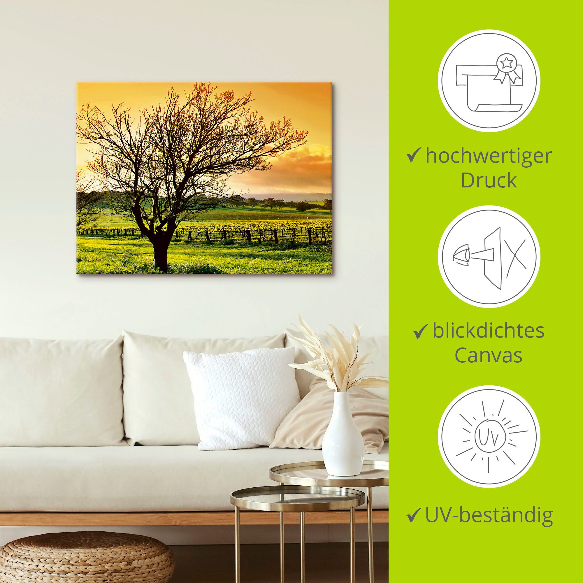 Artland Artprint op linnen Landschap met wijnbergen gespannen op een spieraam