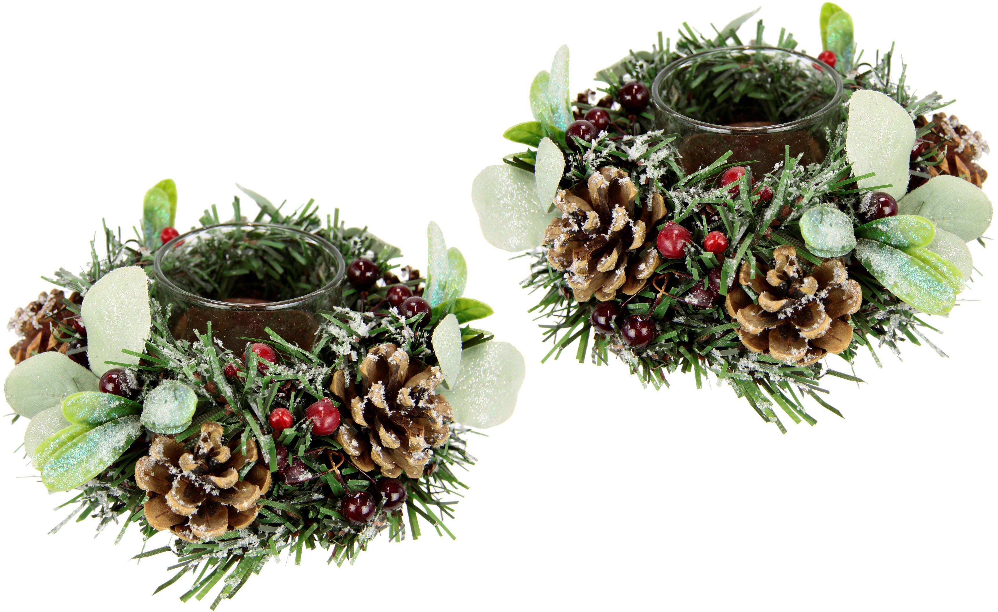 I.GE.A. Waxinelichthouder Kerstdecoratie, kaarsenhouder met kegels, bessen en mistletoe...