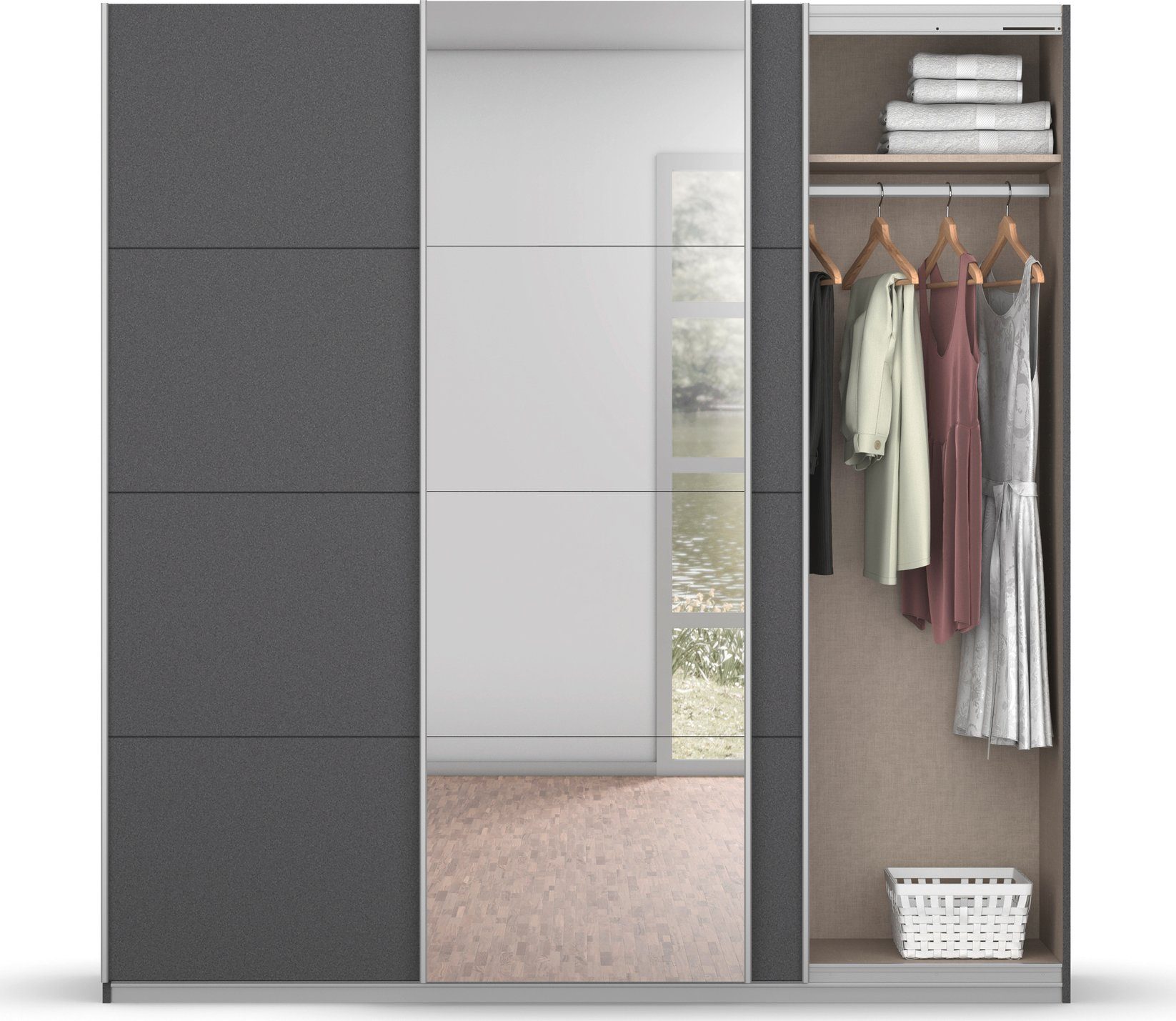 rauch Zweefdeurkast Koluna Hoogglansfront met spiegel, inclusief 2 lades en extra planken