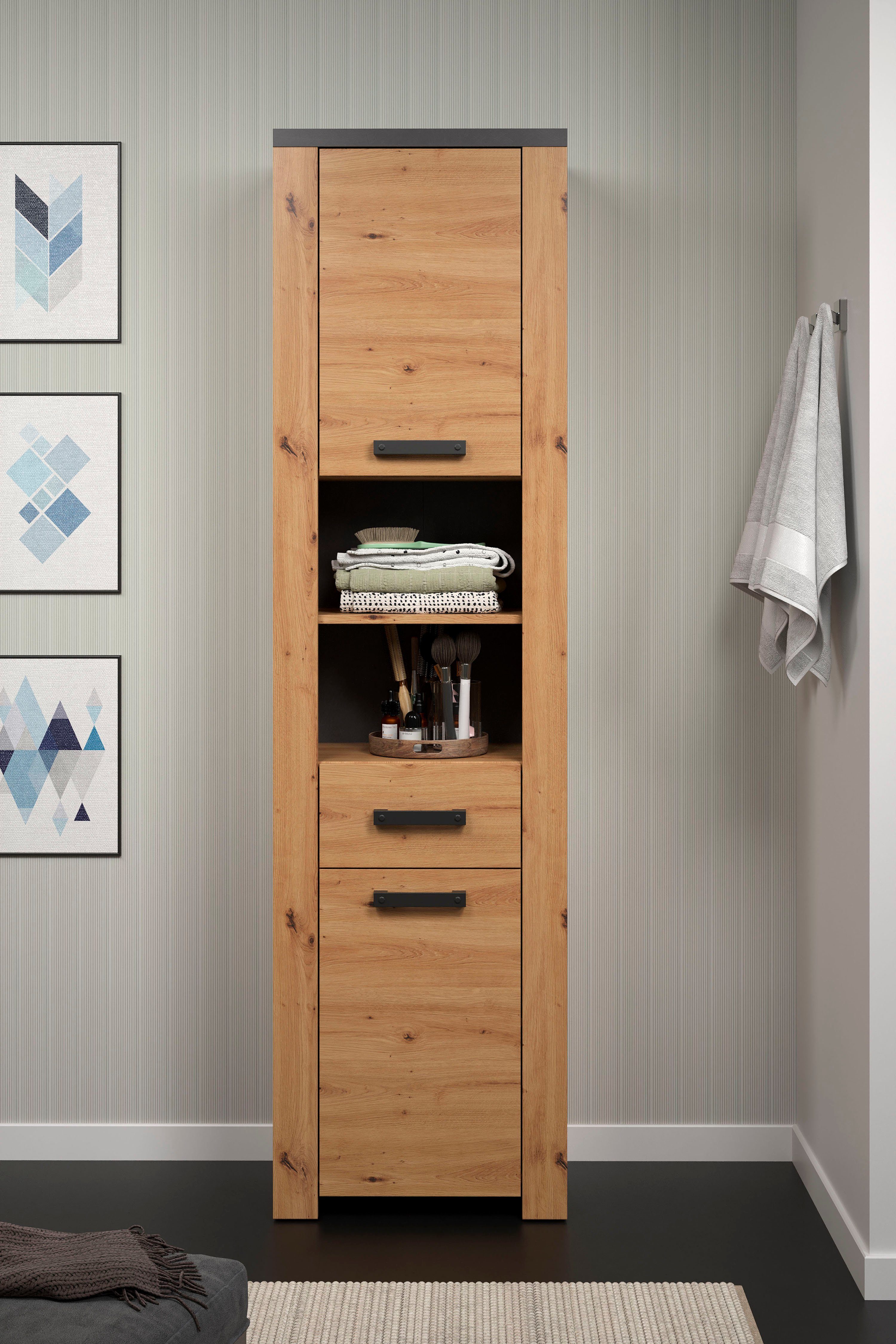 Home affaire Hoge kast Ambres Badkamerkast in matte echt houtlook - afmetingen (B/D/H) 53/35/196 cm (1 stuk)