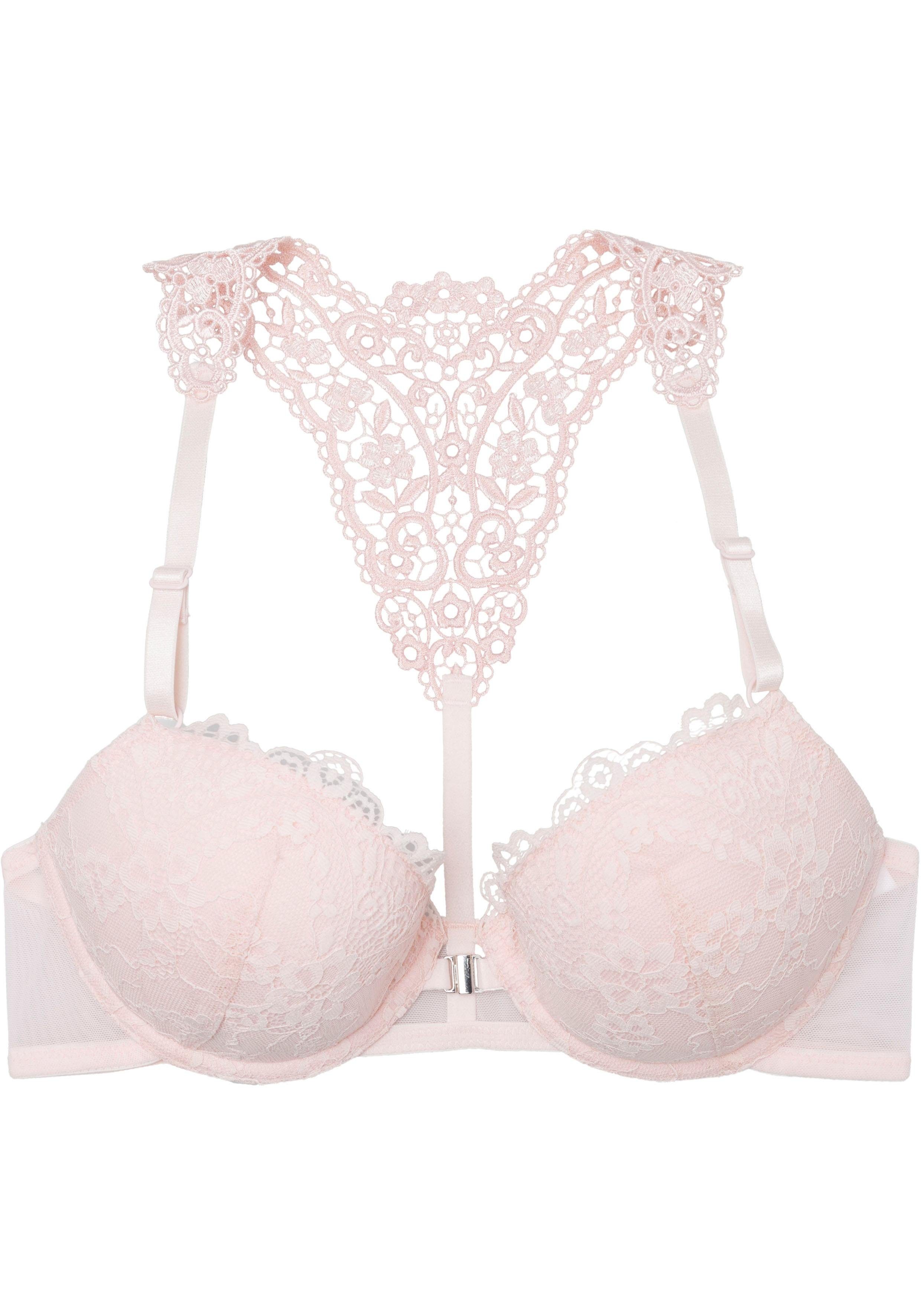 Lascana Push-up-bh MELISSA met voorsluiting & kanten achterkant van borduursel, ondergoed dames push-up bh's maat 75 D roze